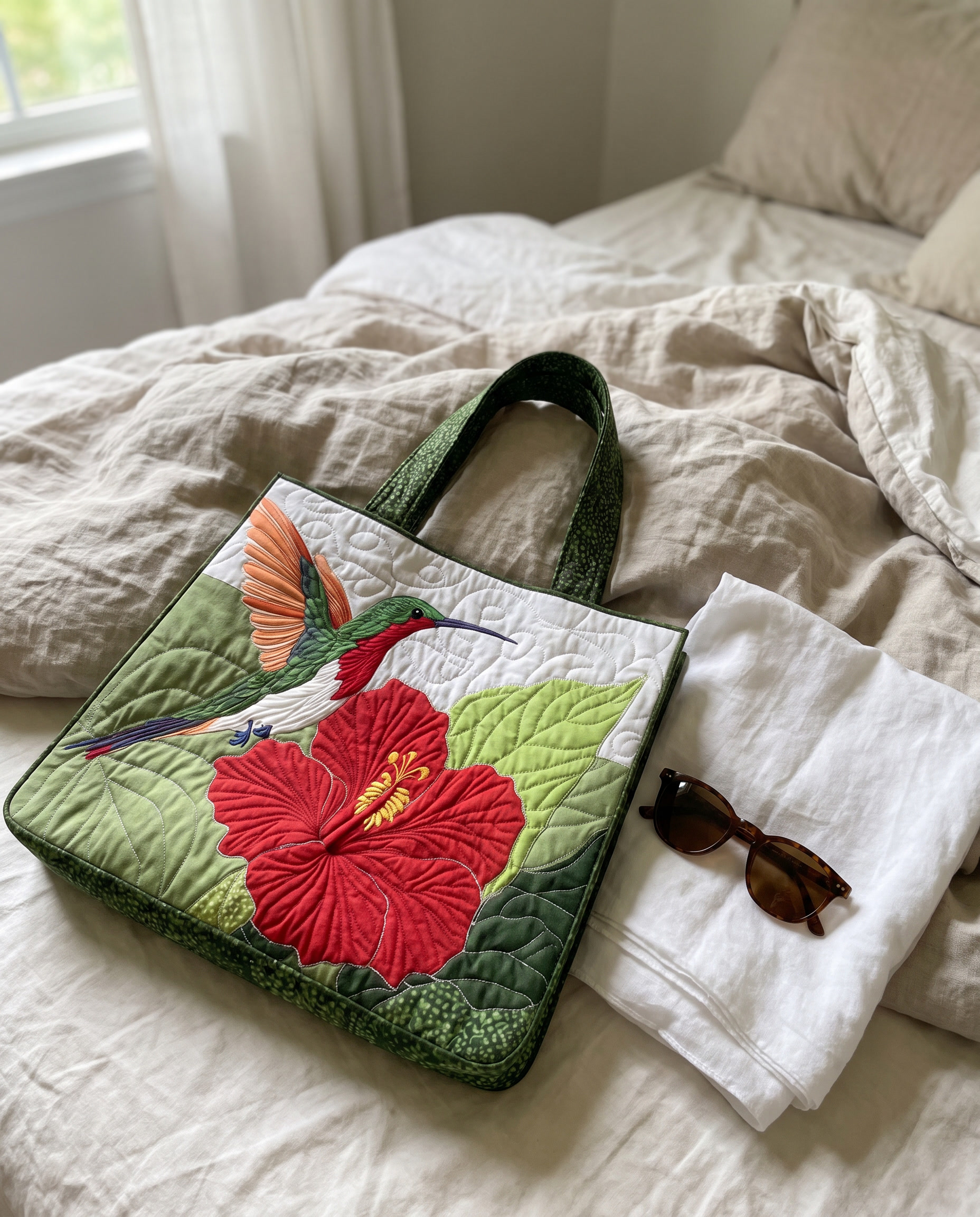 ARTISAN BAG | Hummingbird & Red Hibiscus laid out on a bed