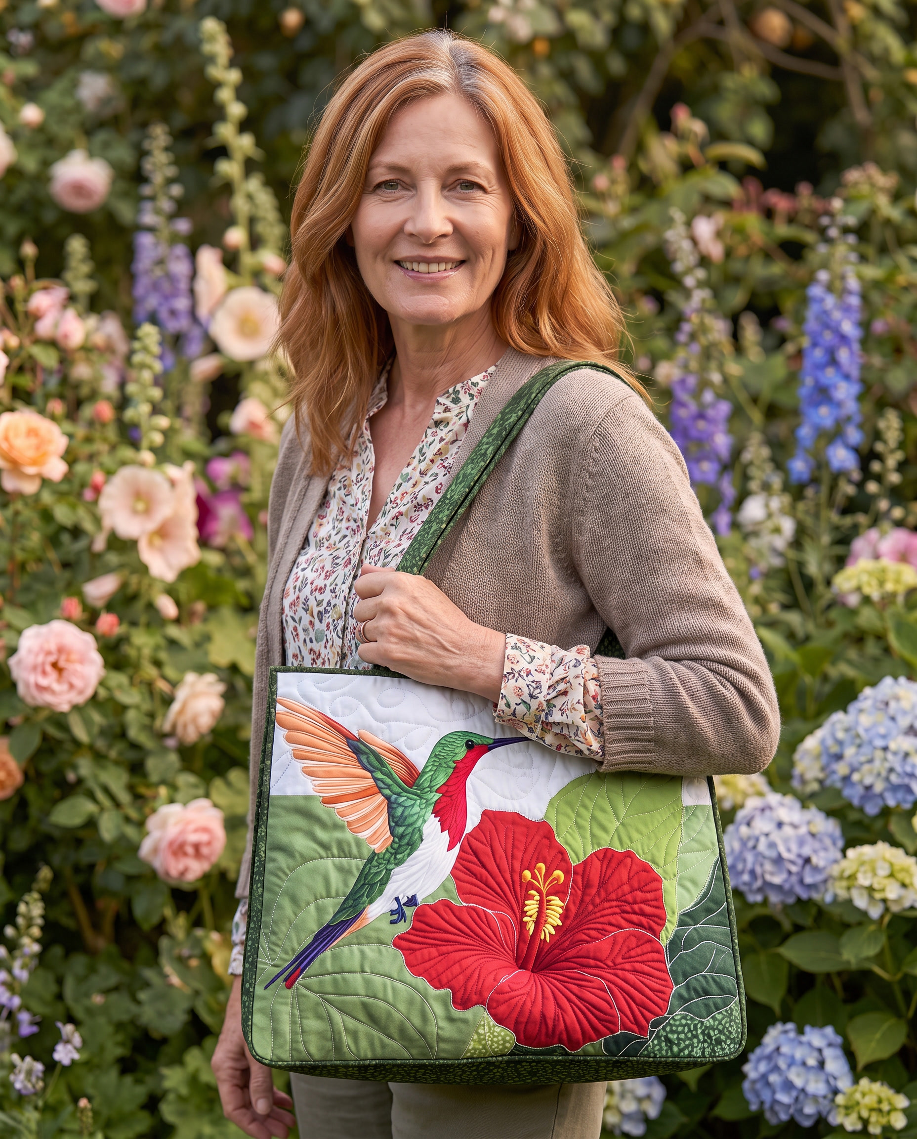 ARTISAN BAG | Hummingbird & Red Hibiscus worn in the garden