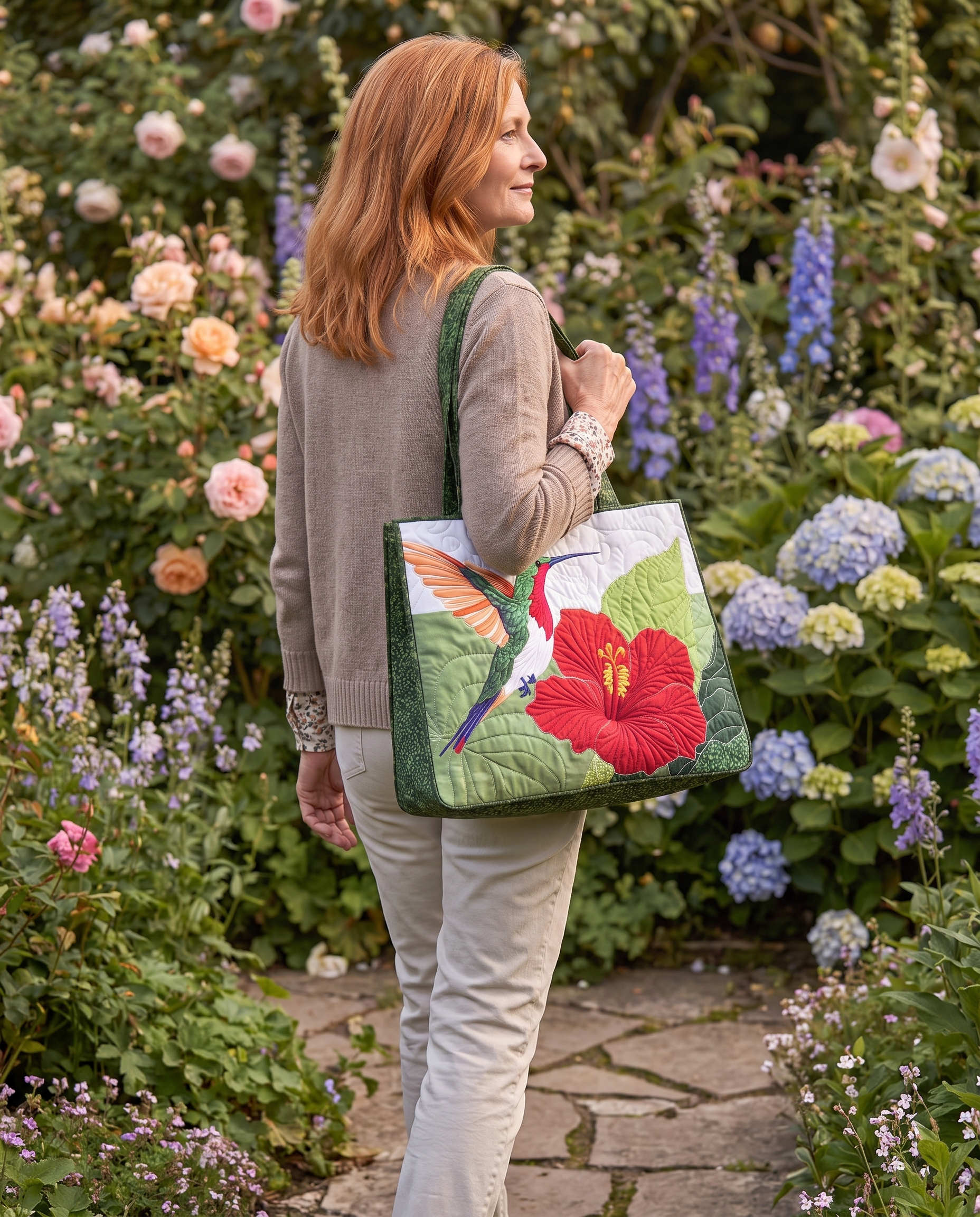ARTISAN BAG | Hummingbird & Red Hibiscus worn on a garden path