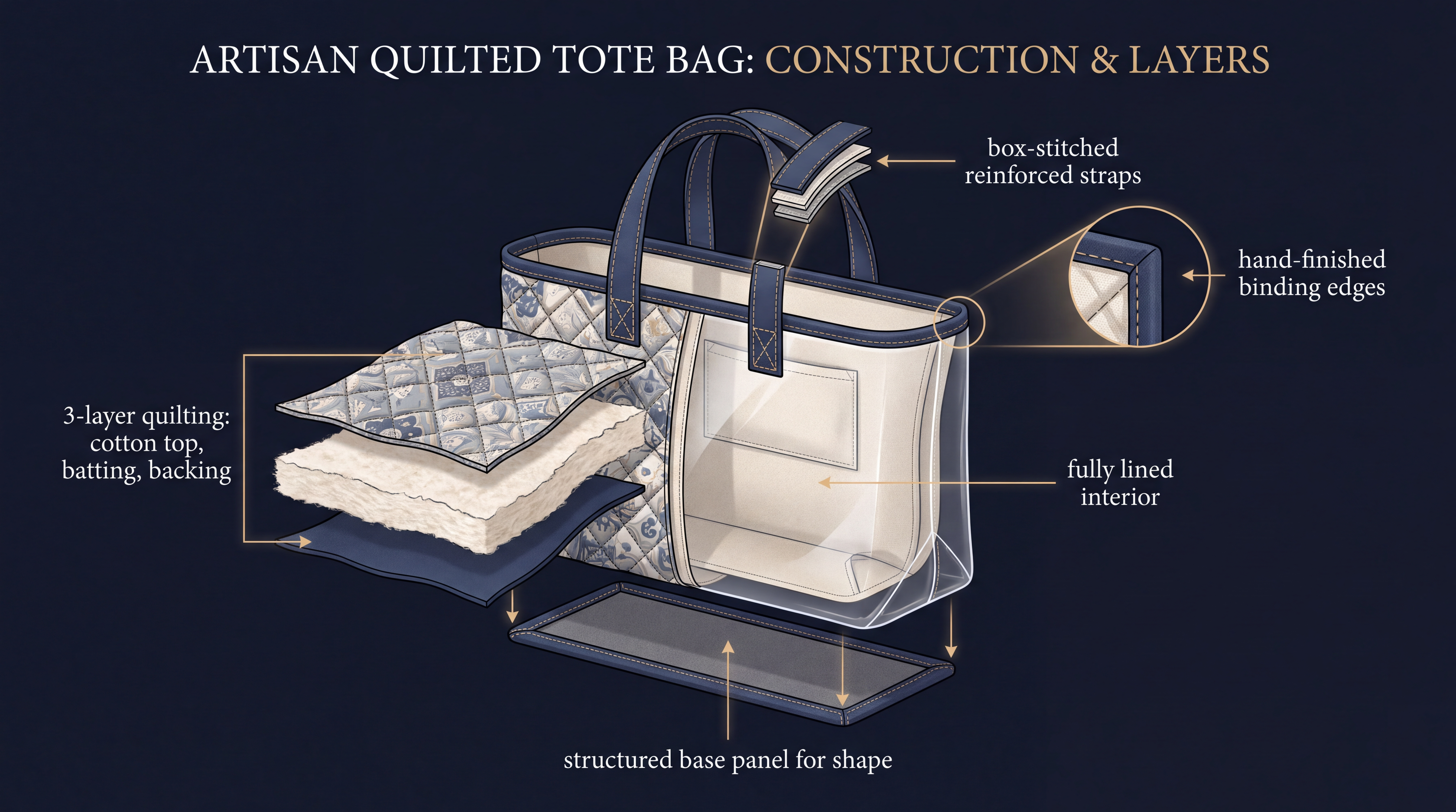 Diagram showing the construction layers of a hand-quilted Artisan Bag: quilted cotton top, batting, backing, box-stitched straps, structured base panel and lined interior