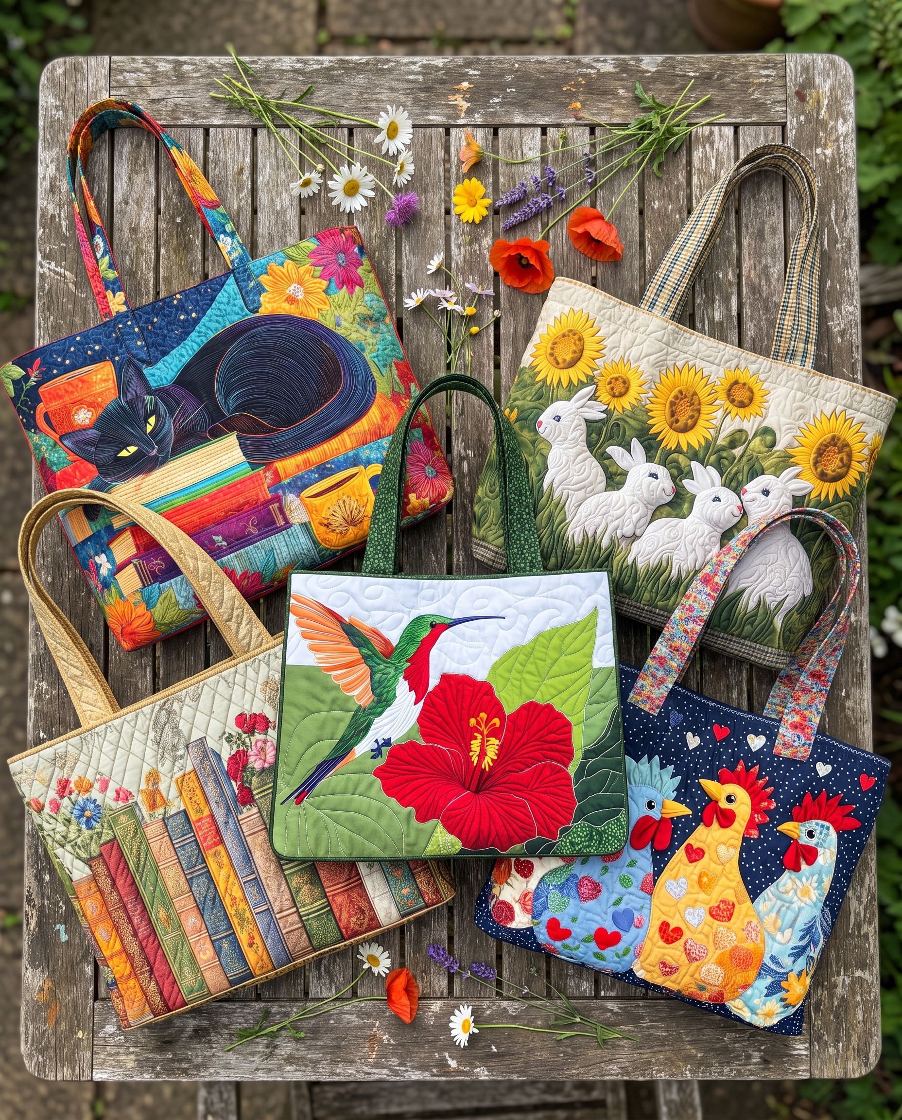 A collection of Evely Rose Artisan Bags in different quilted designs laid out together