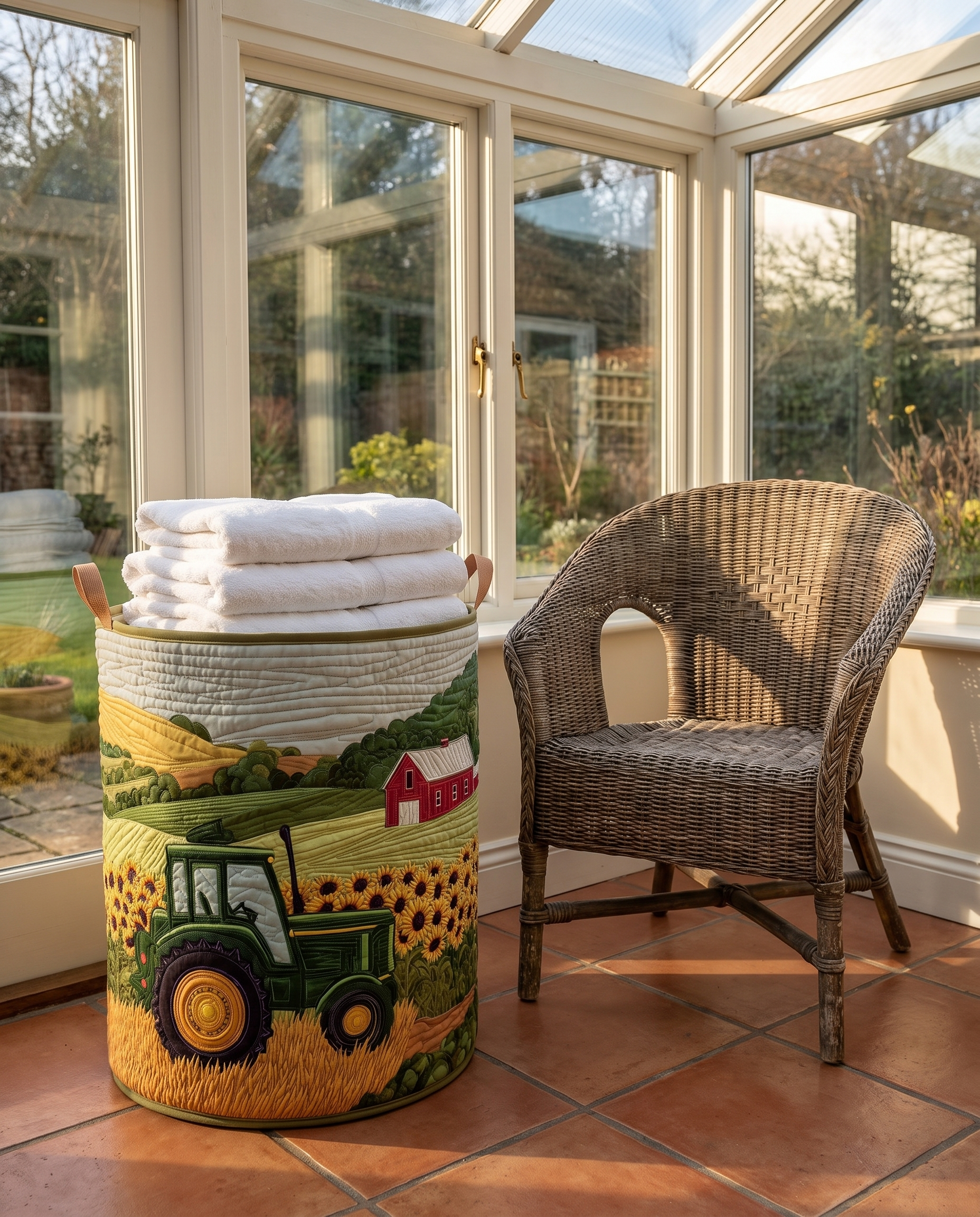 Harriet | Sunflower Farm Tractor Laundry Basket styled with folded towels in a conservatory, left out in full view
