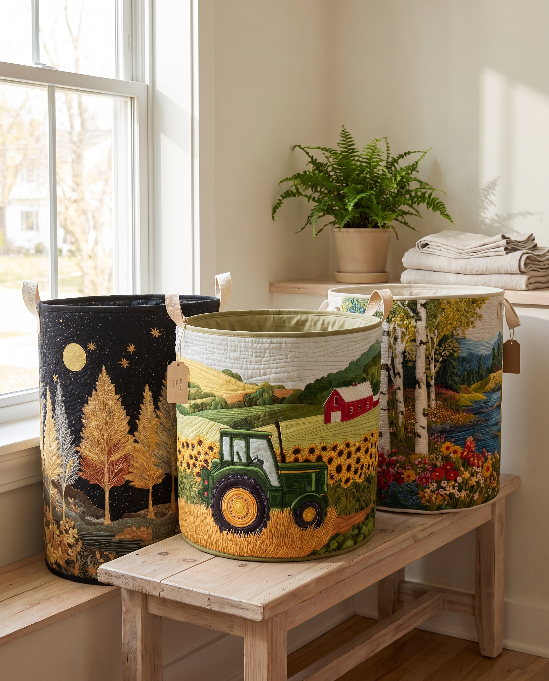 Nature Collection quilted laundry baskets in starlit pine forest, sunflower farm and birch forest prints, grouped together in a bright utility room
