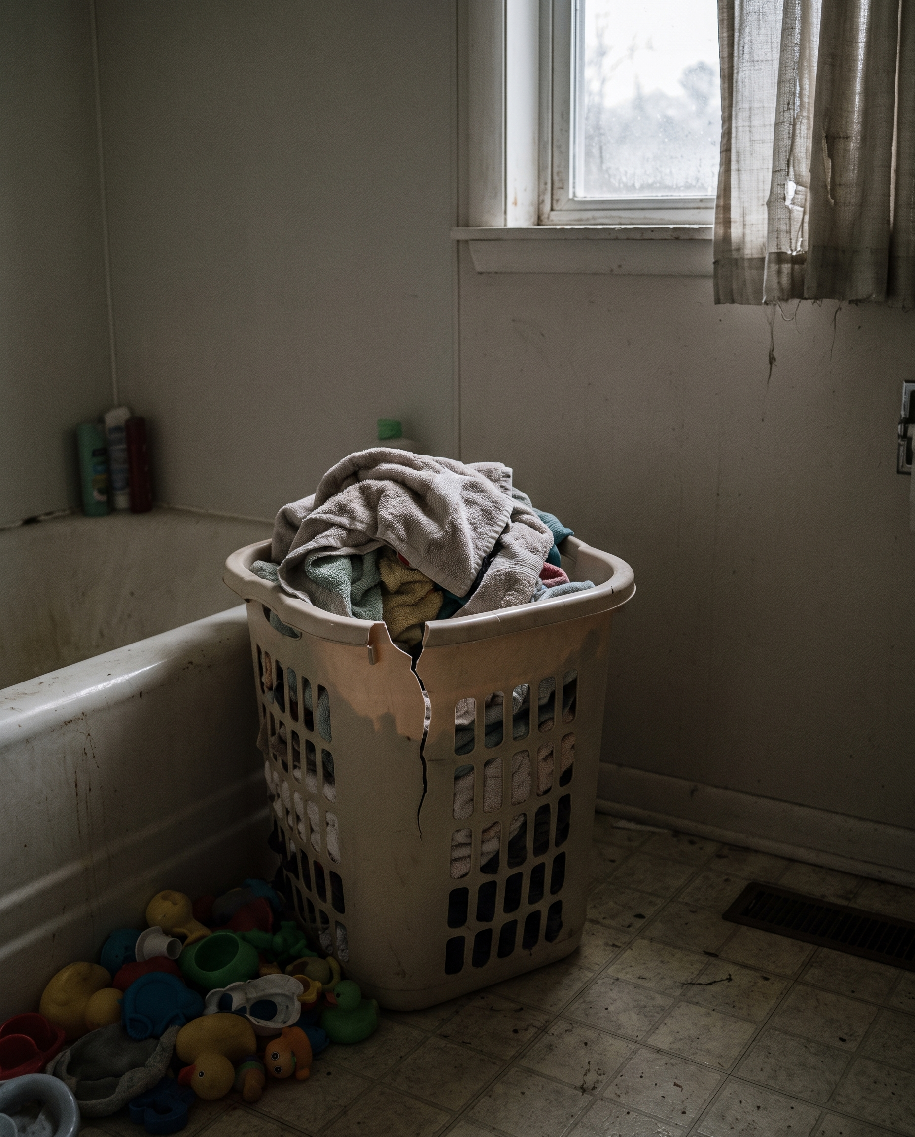 An old, worn-out plastic laundry basket in a dim, gloomy bathroom corner