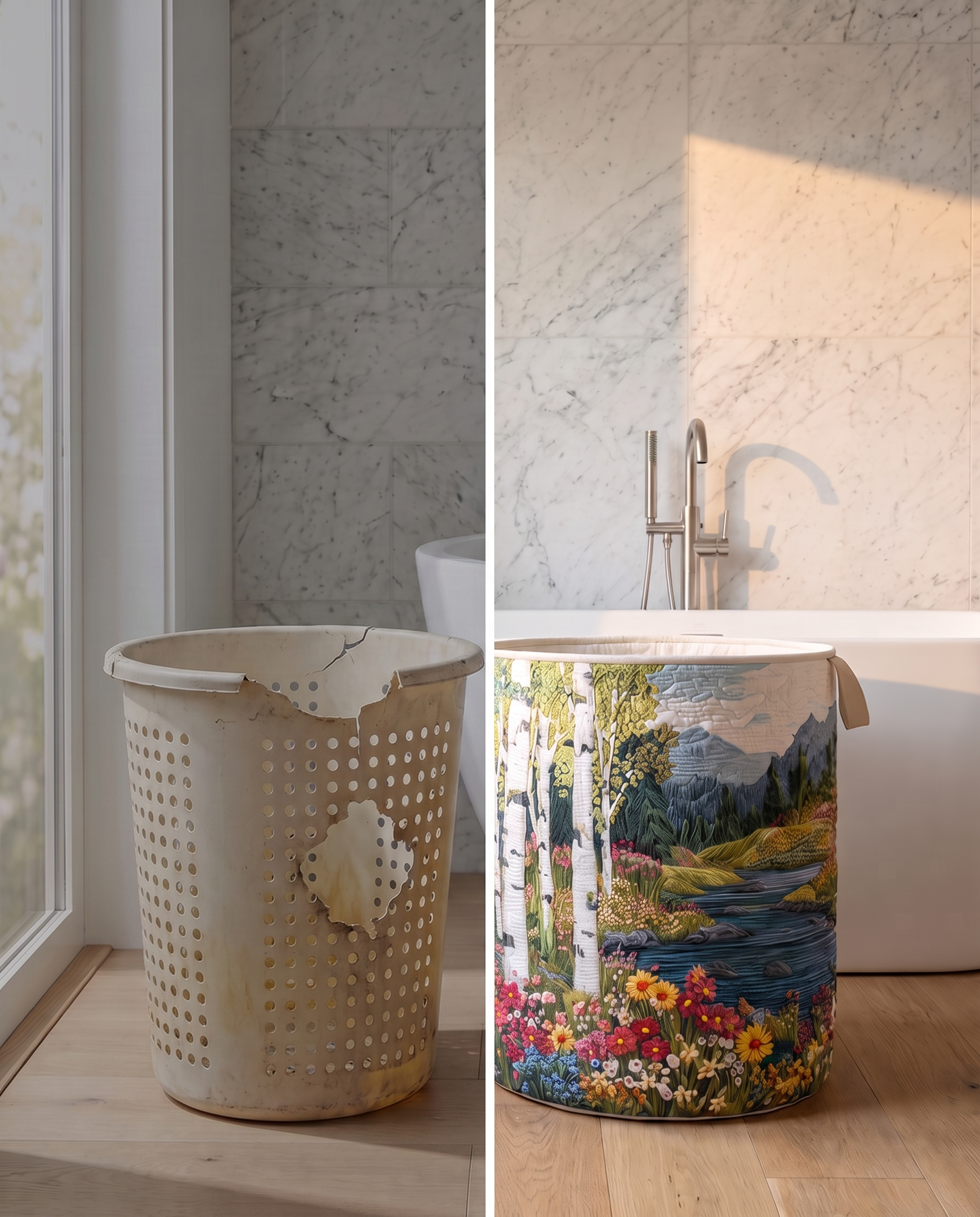 Side by side comparison of a dull, dimly lit plastic laundry basket versus a bright, well-lit Evely Rose Nature Collection quilted laundry basket in the same room corner