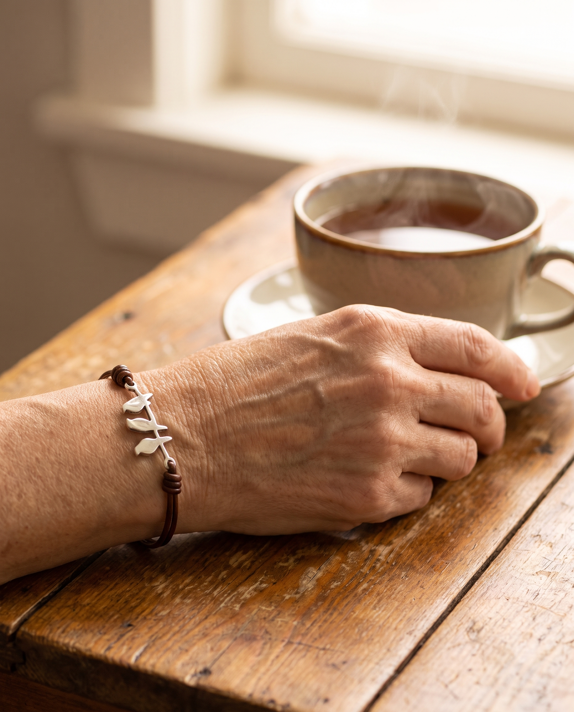 Bird Branch Leather Bracelet worn with a cup of tea