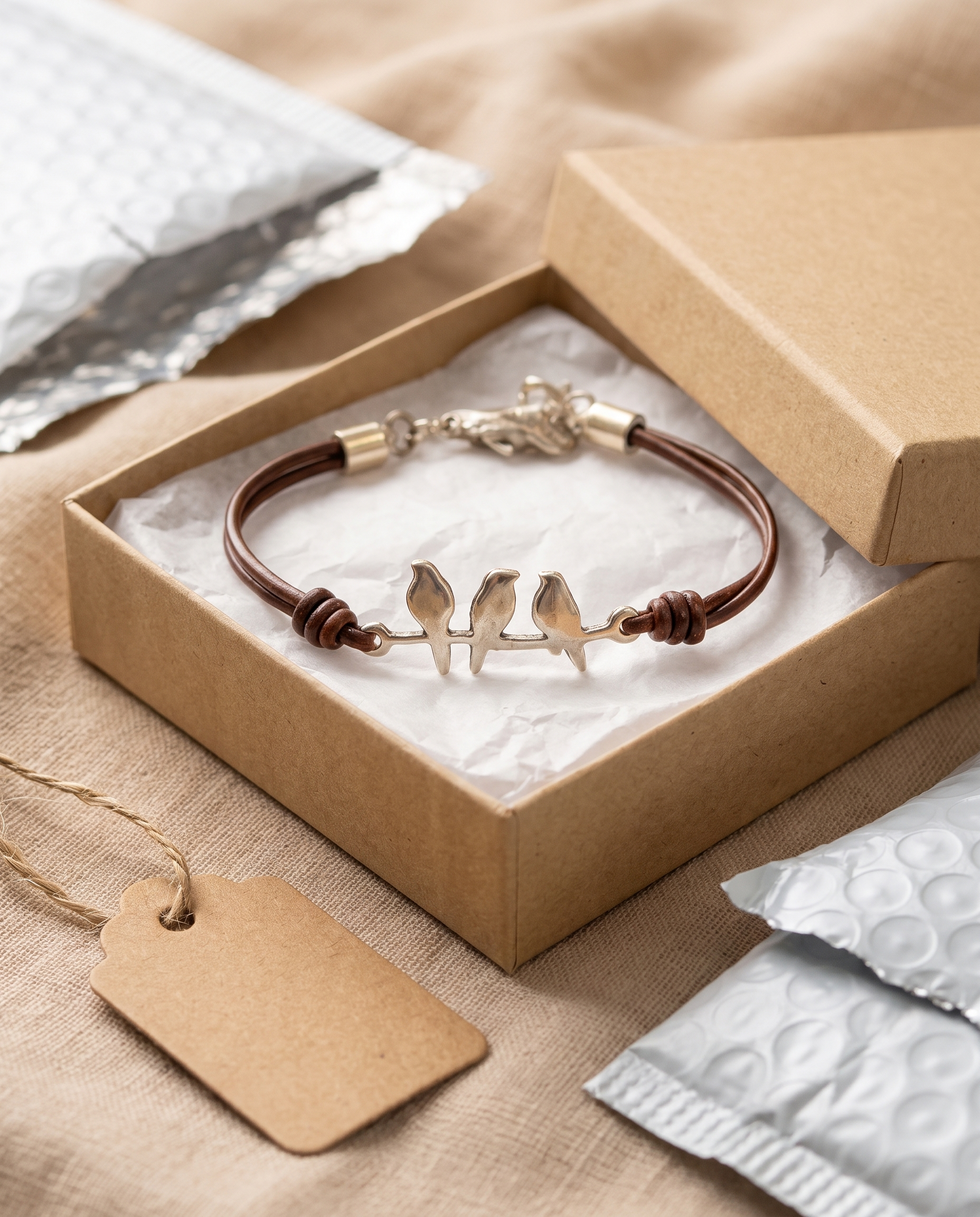 Bird Branch Leather Bracelet unboxed as a gift