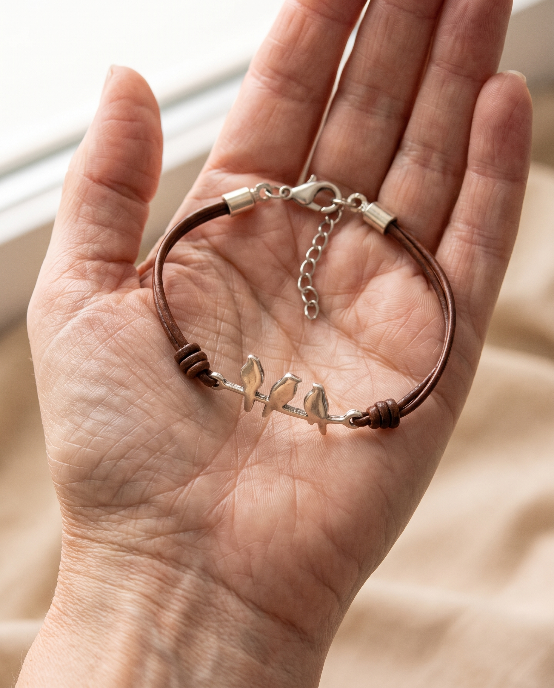 Bird Branch Leather Bracelet clasp and extender chain
