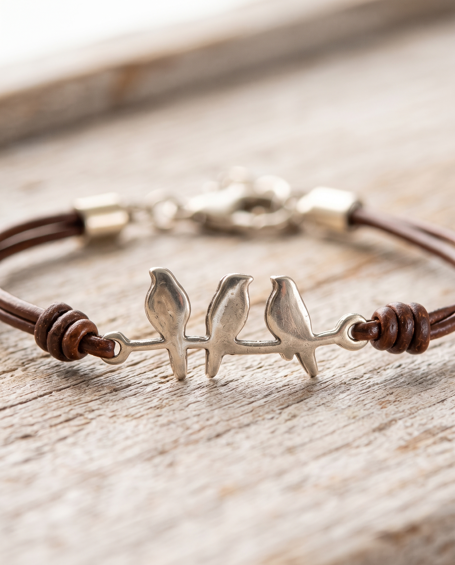 Bird Branch Leather Bracelet cord and knot detail