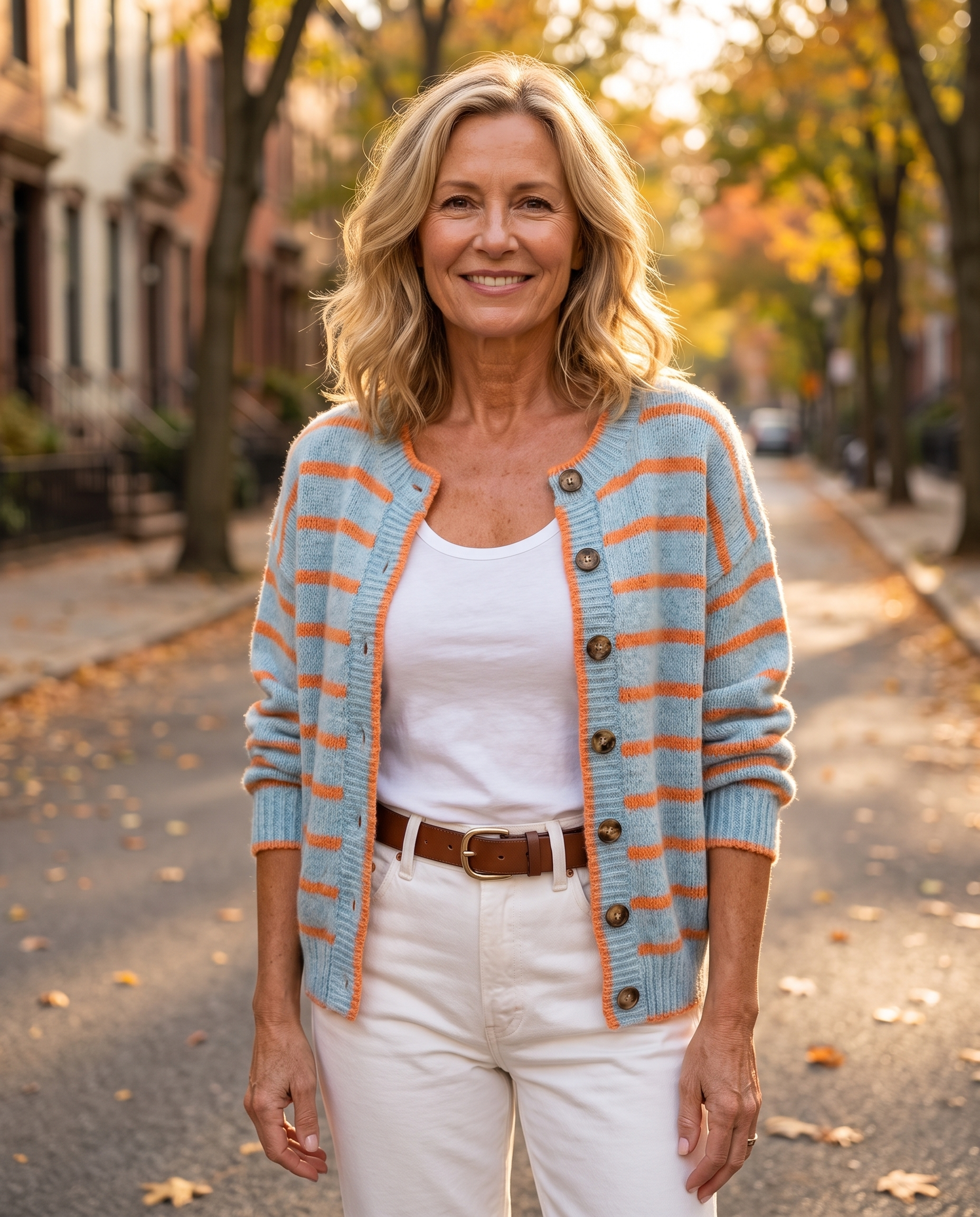 Woman in her 50s wearing the Anabel Striped Knit Cardigan for Women in Blue Orange