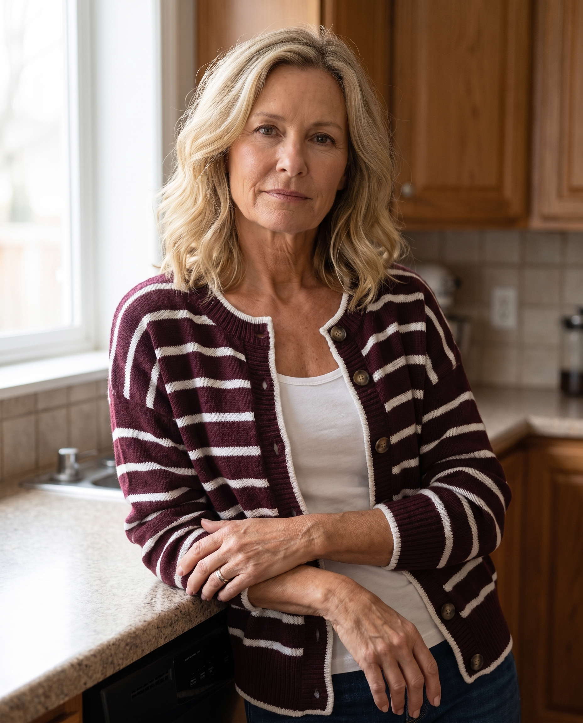 Woman in her 50s wearing the Anabel Striped Knit Cardigan in Burgundy White
