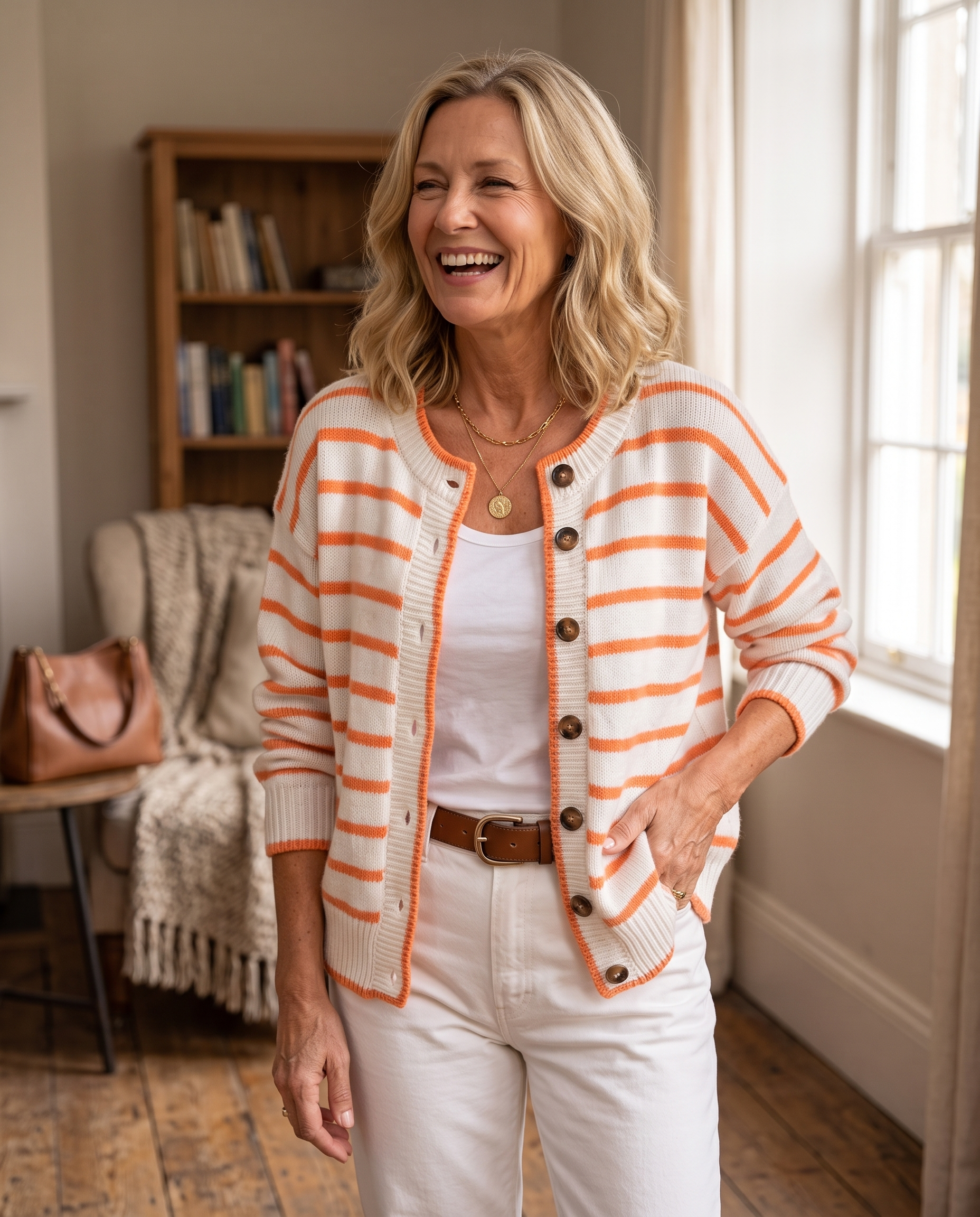Woman in her 50s wearing the Anabel Striped Knit Cardigan for Women, White Orange colourway