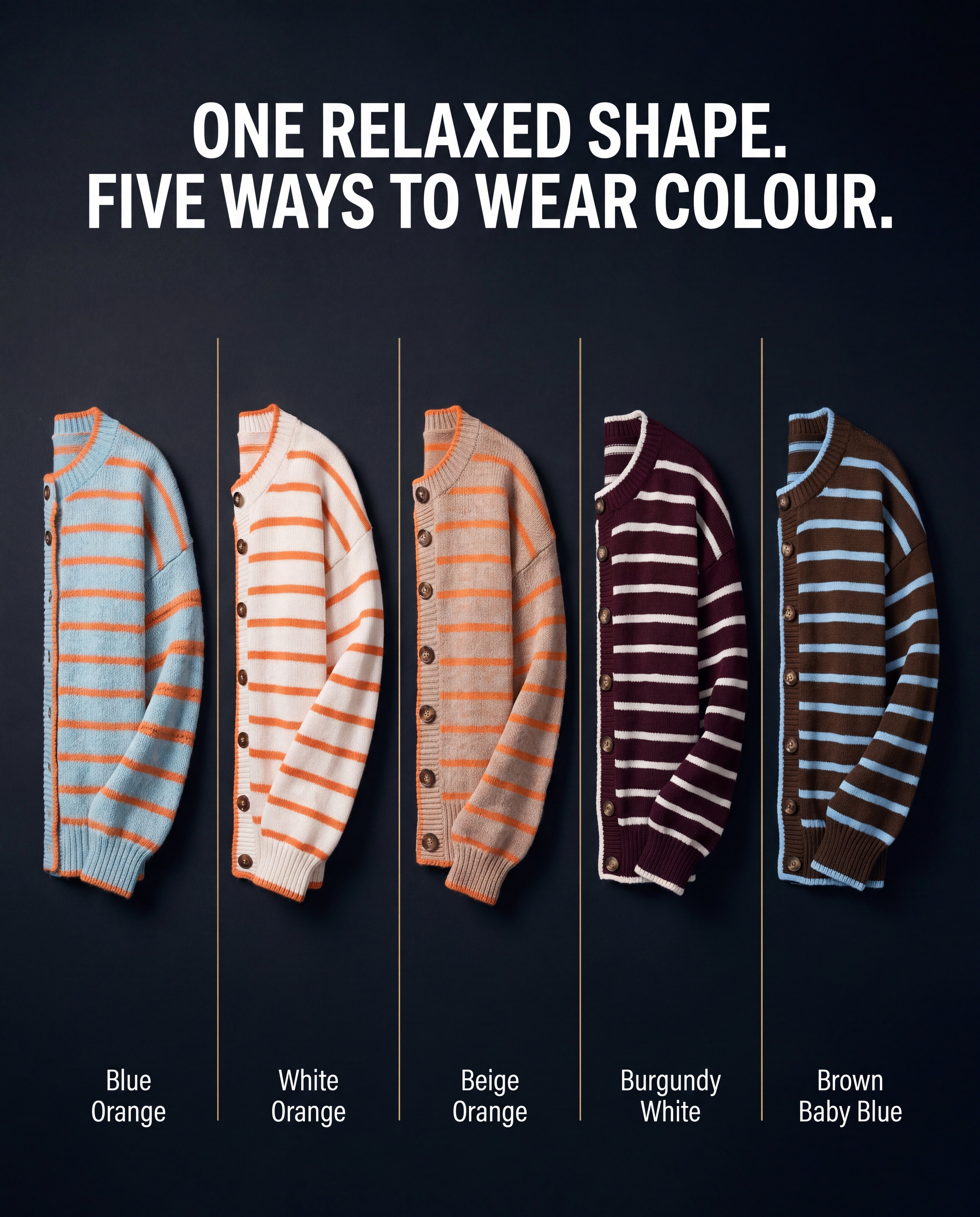 Diagram showing the five Anabel Striped Knit Cardigan colourways: Blue Orange, White Orange, Beige Orange, Burgundy White, and Brown Baby Blue