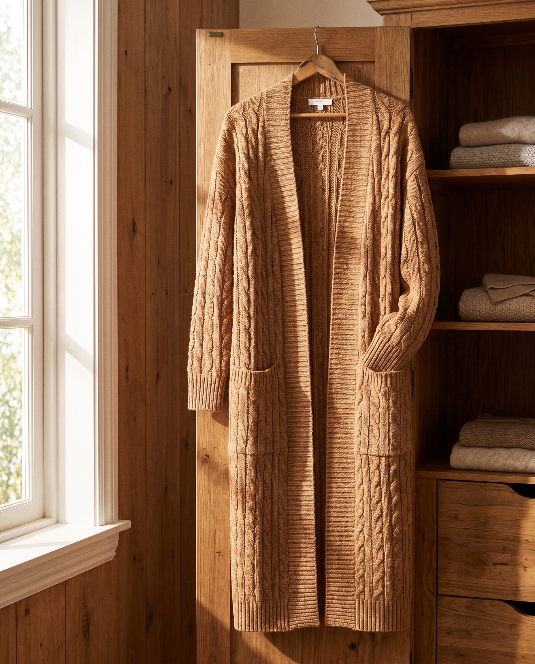 Harriet Longline Cable Knit Cardigan hanging on a wooden hanger