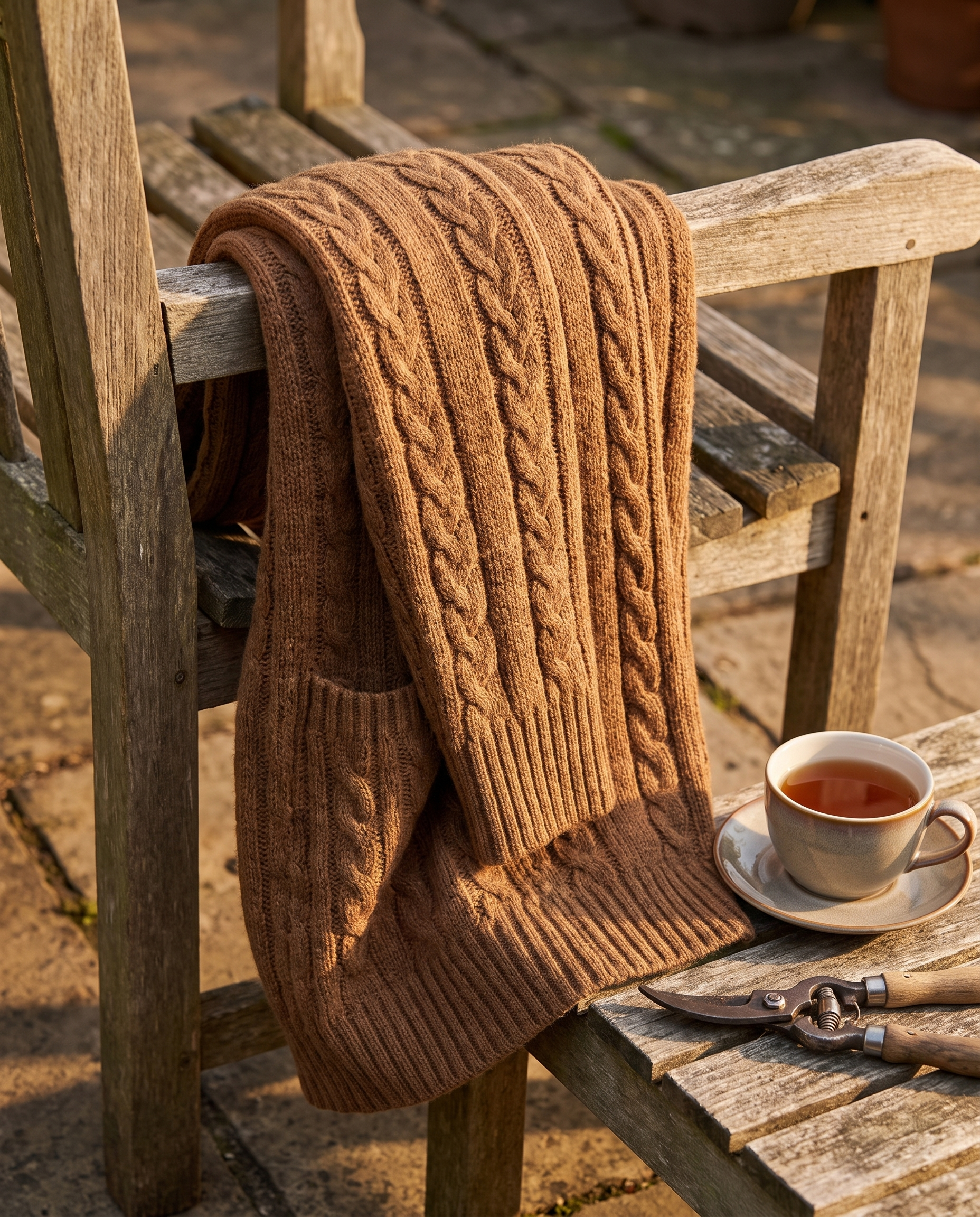 Harriet Longline Cable Knit Cardigan on a garden chair with tea