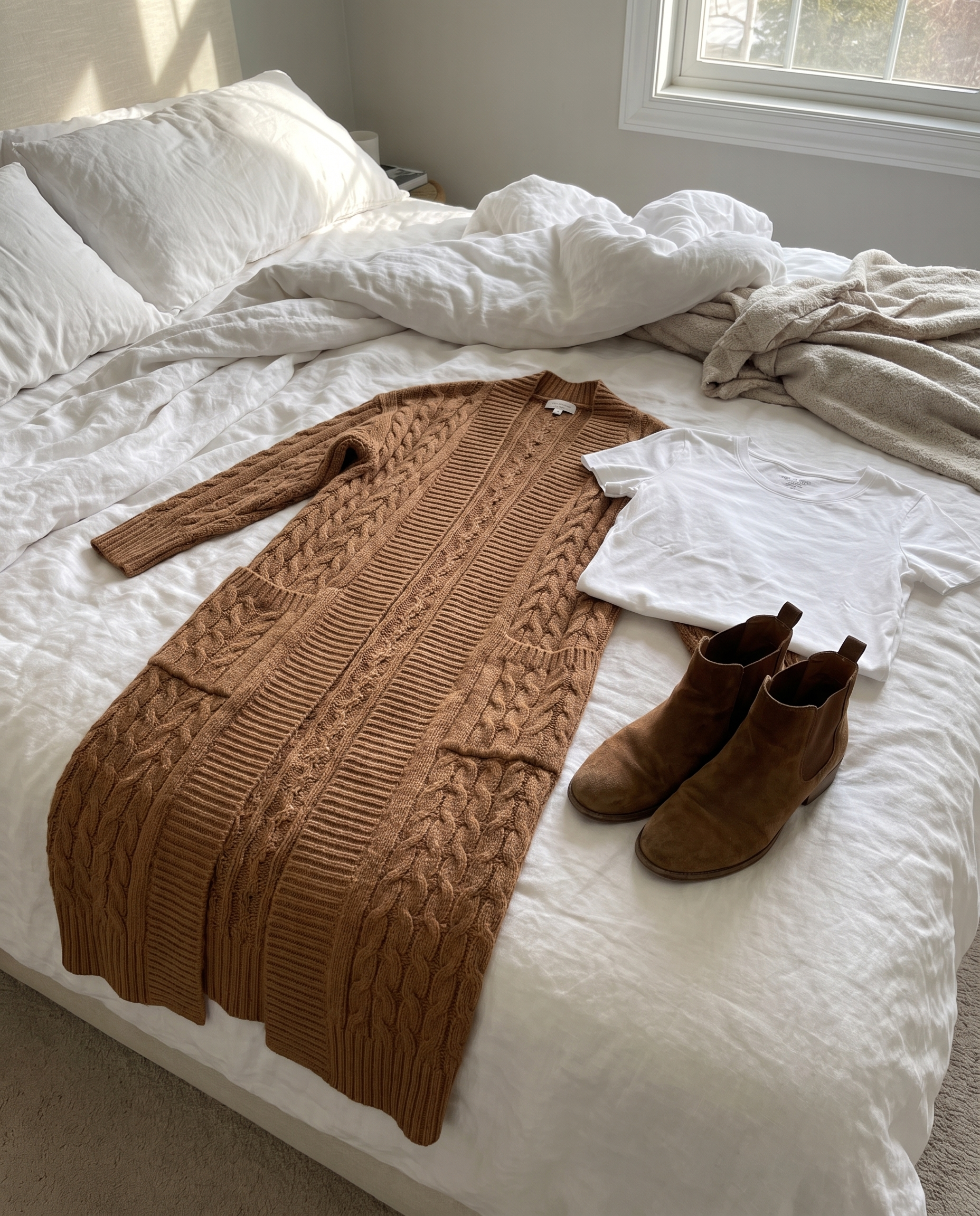 Harriet Longline Cable Knit Cardigan laid out on a bed