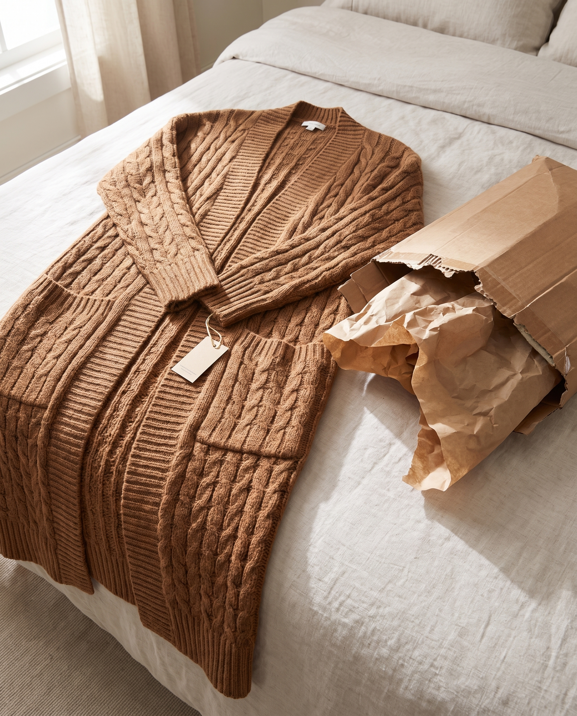 Harriet Longline Cable Knit Cardigan unboxed on a bed
