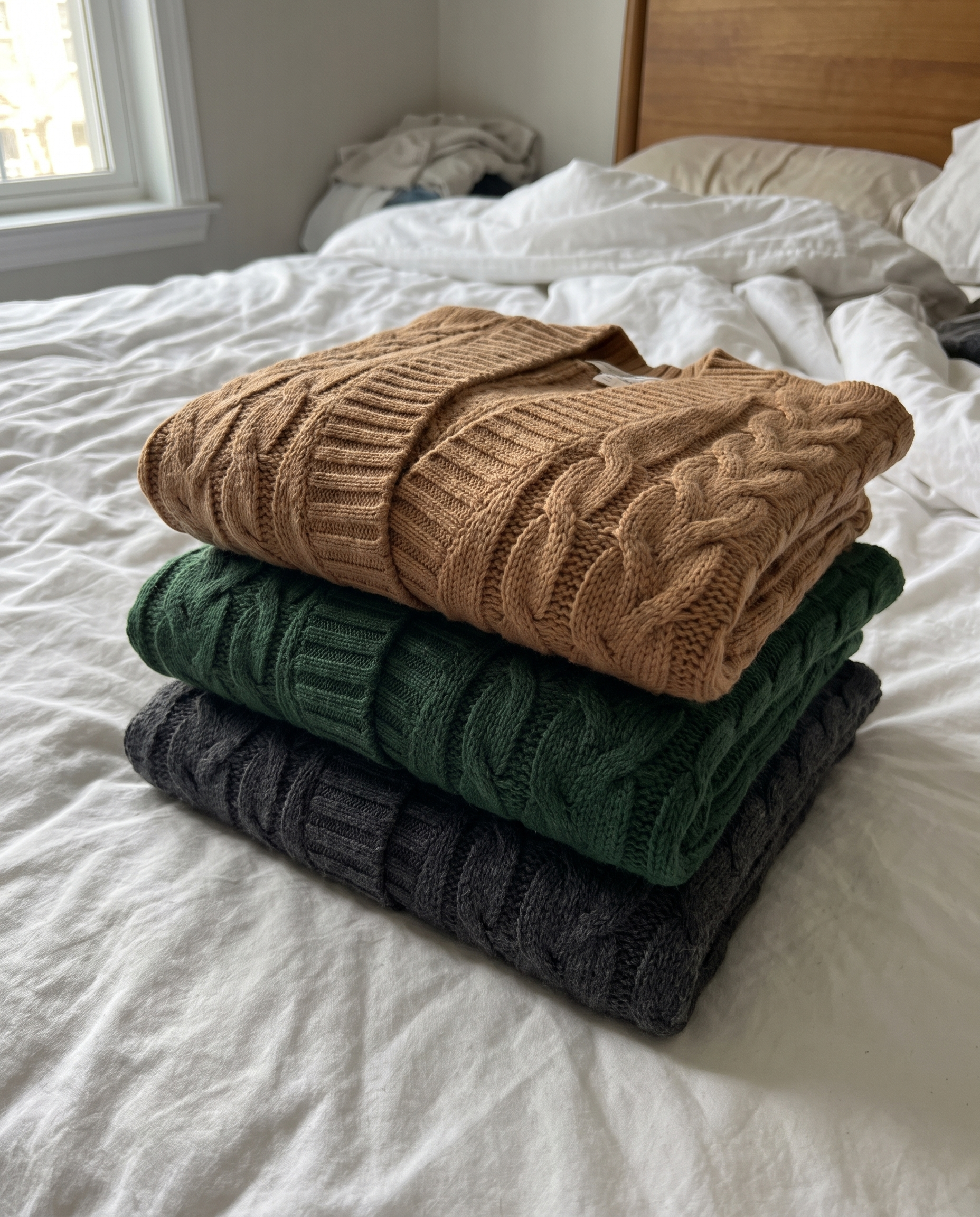 Harriet Longline Cable Knit Cardigan in camel, green and charcoal folded together on a bed
