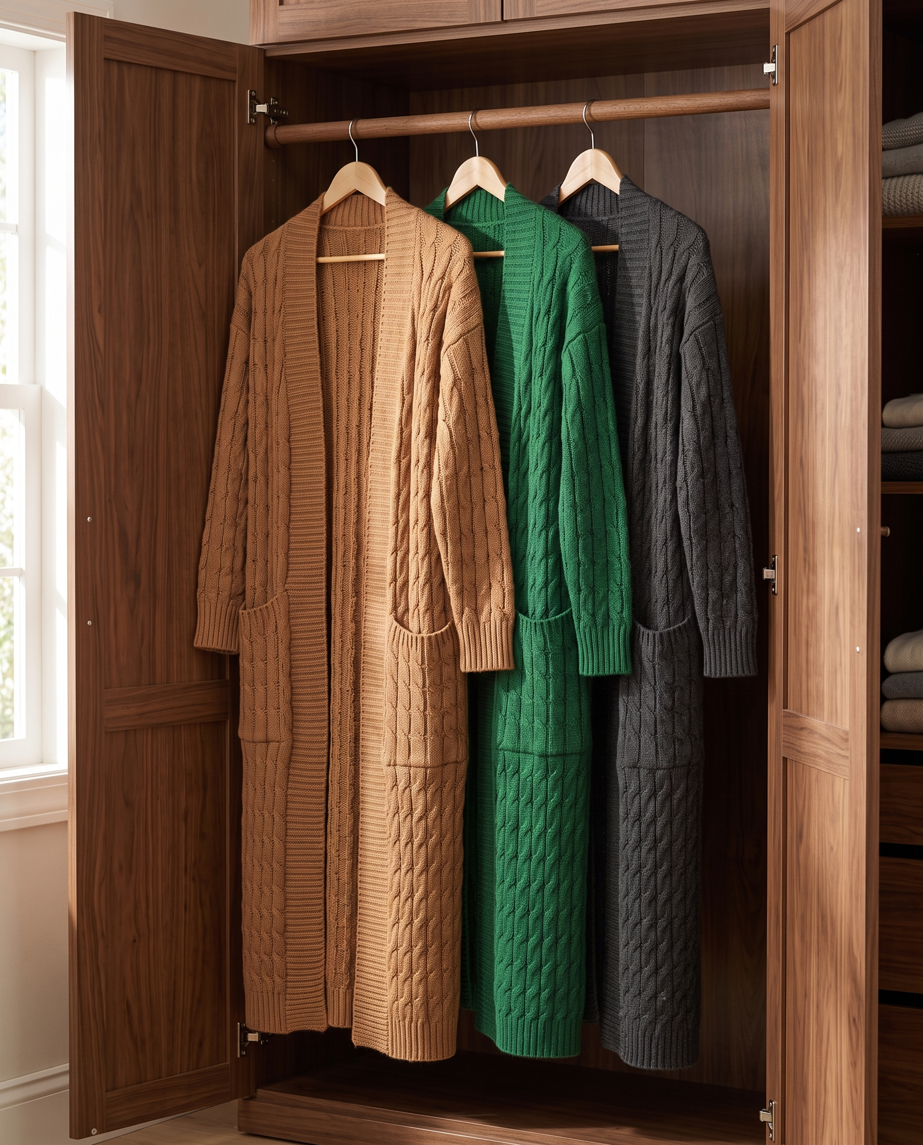 Harriet Longline Cable Knit Cardigan in camel, green and charcoal