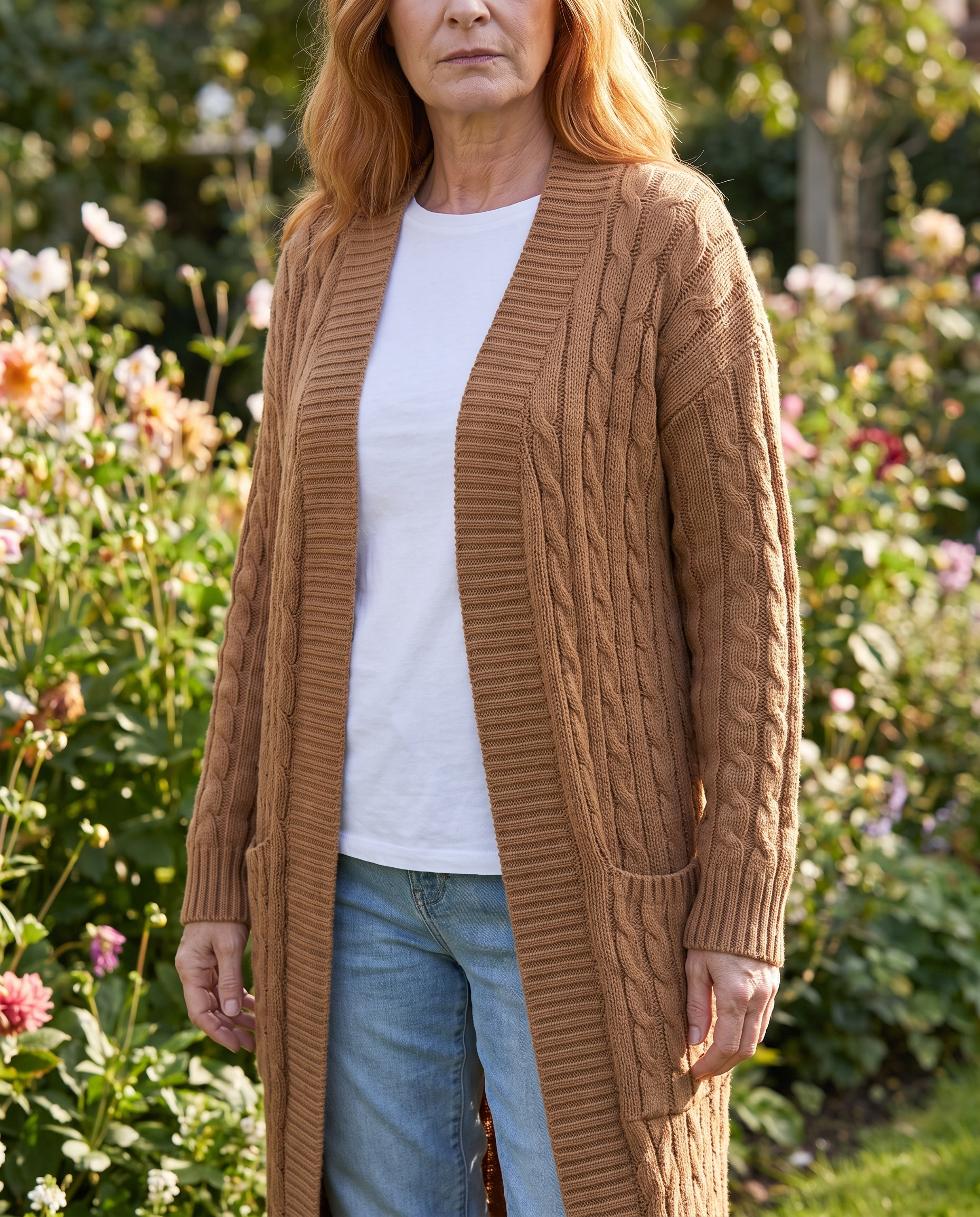 Harriet Longline Cable Knit Cardigan worn in the garden