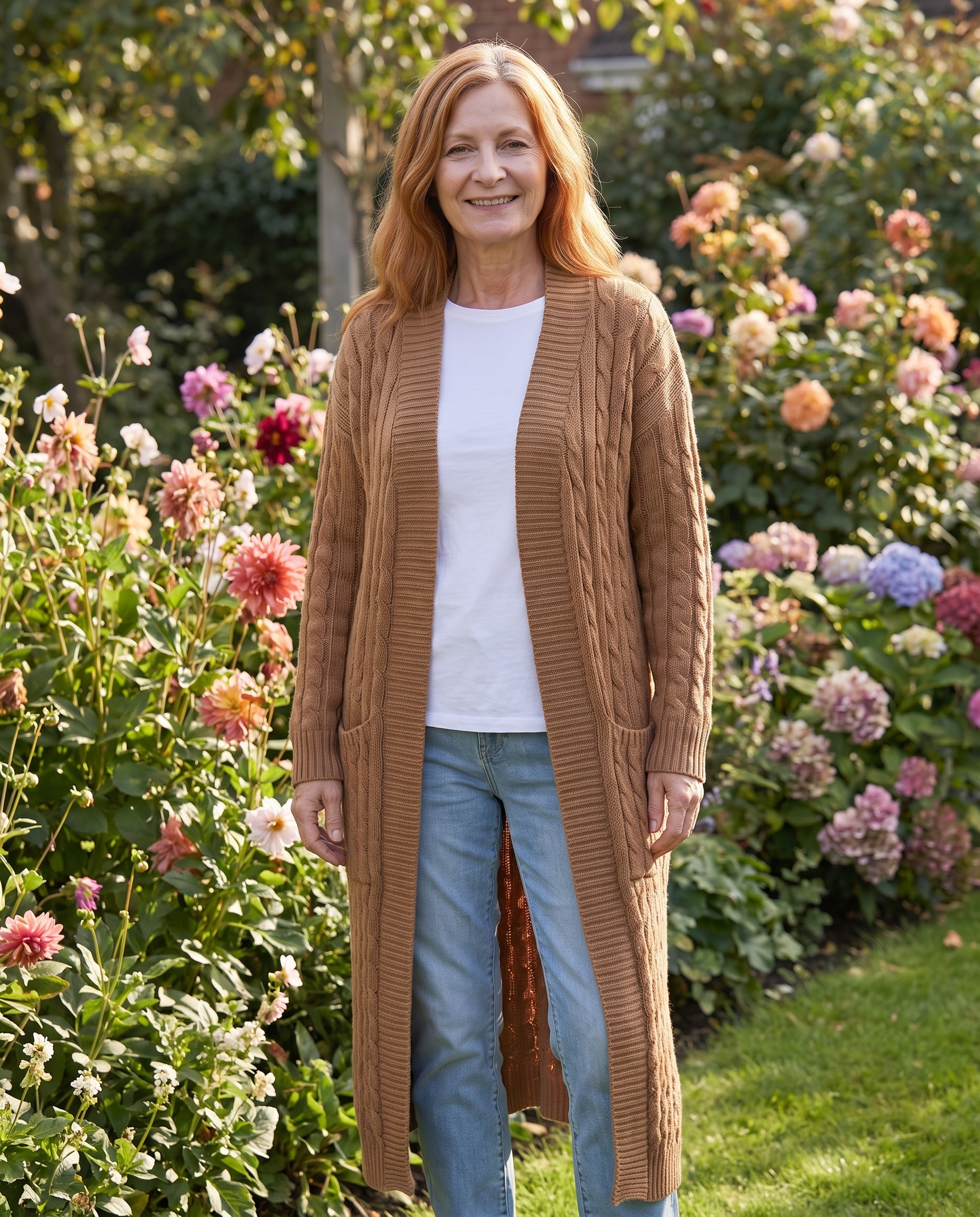 Diane Ashcroft in the Harriet Longline Cable Knit Cardigan