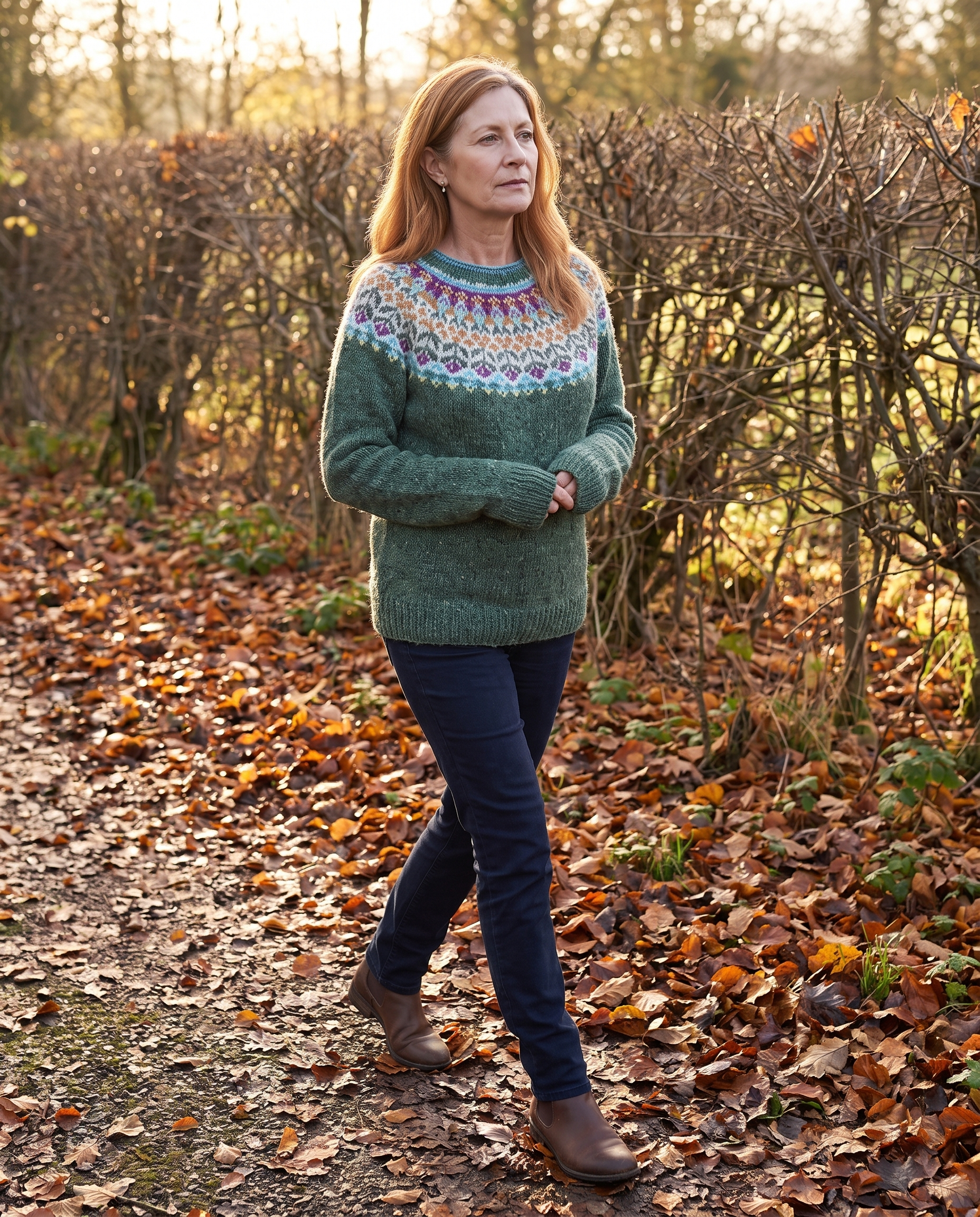 Diane Ashcroft wearing the Ursula Classic Icelandic Knit Sweater on an autumn woodland walk