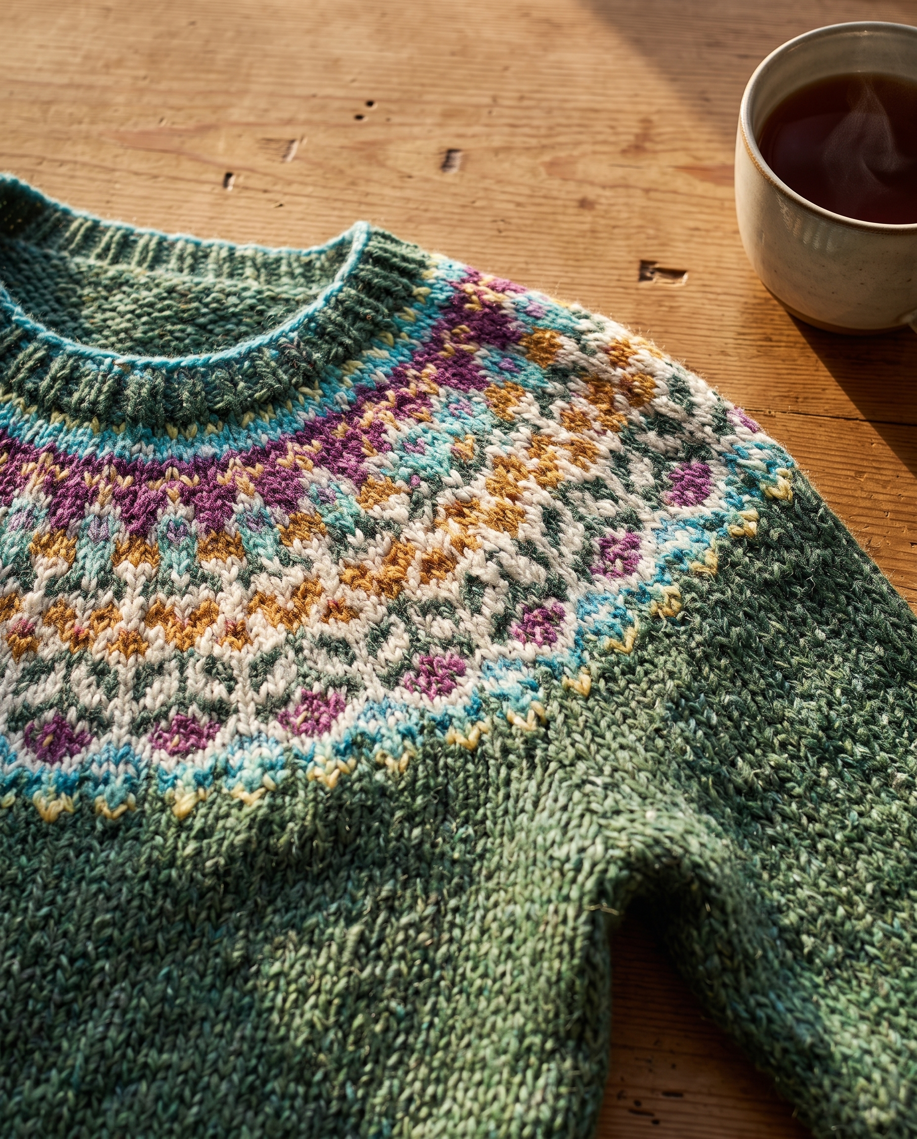 Close-up of the chunky knit texture of the Ursula Classic Icelandic Knit Sweater