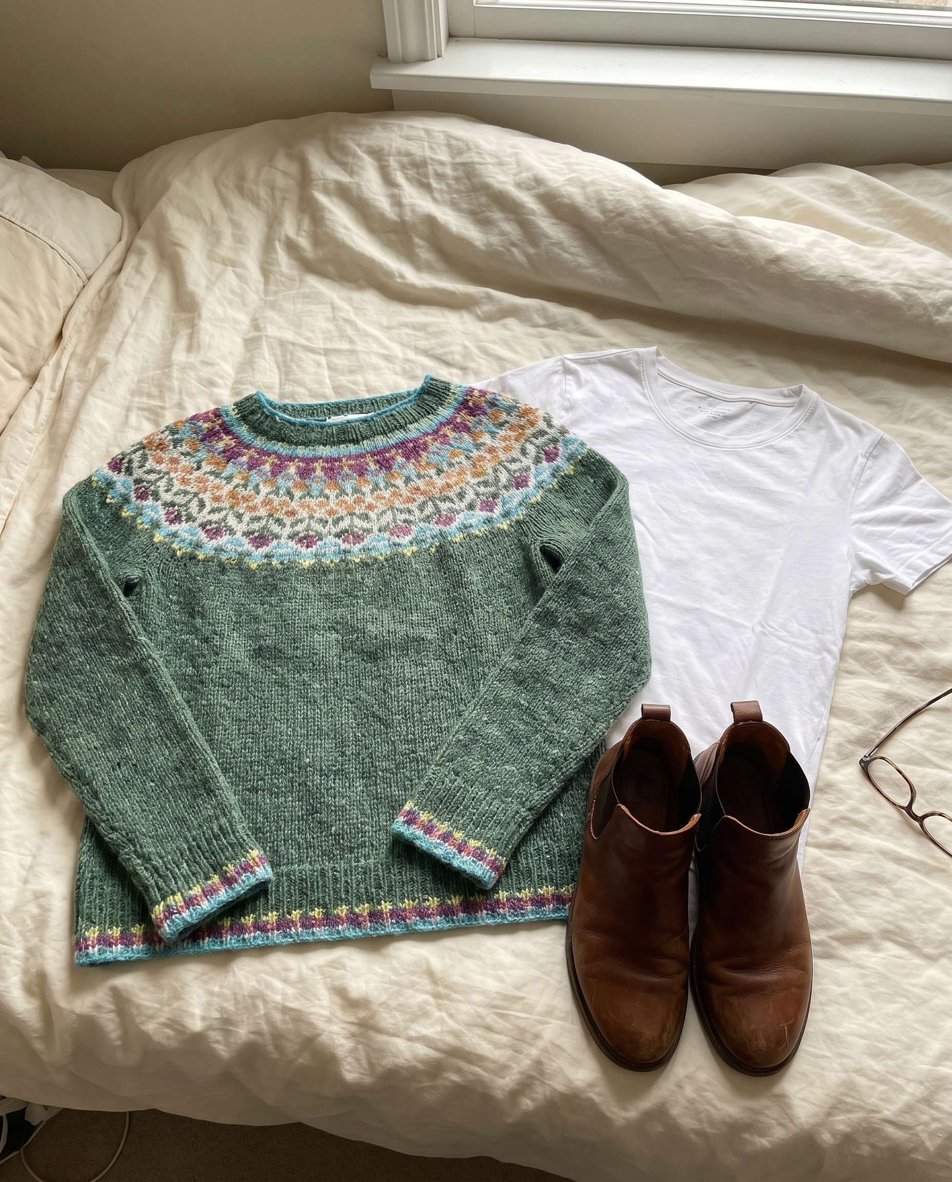 Ursula Classic Icelandic Knit Sweater laid out on a bed with boots and a white t-shirt