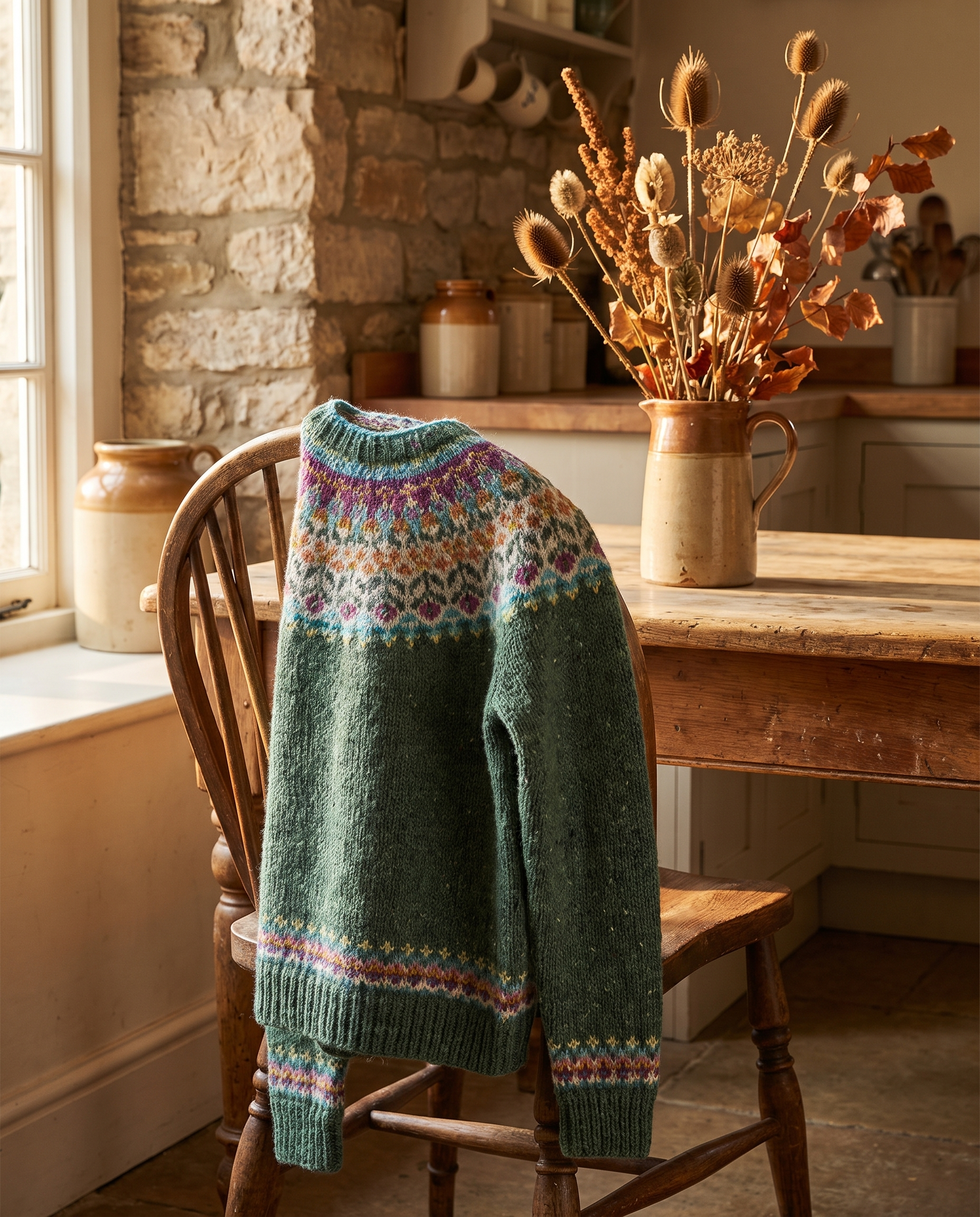 Ursula Classic Icelandic Knit Sweater draped over a wooden kitchen chair