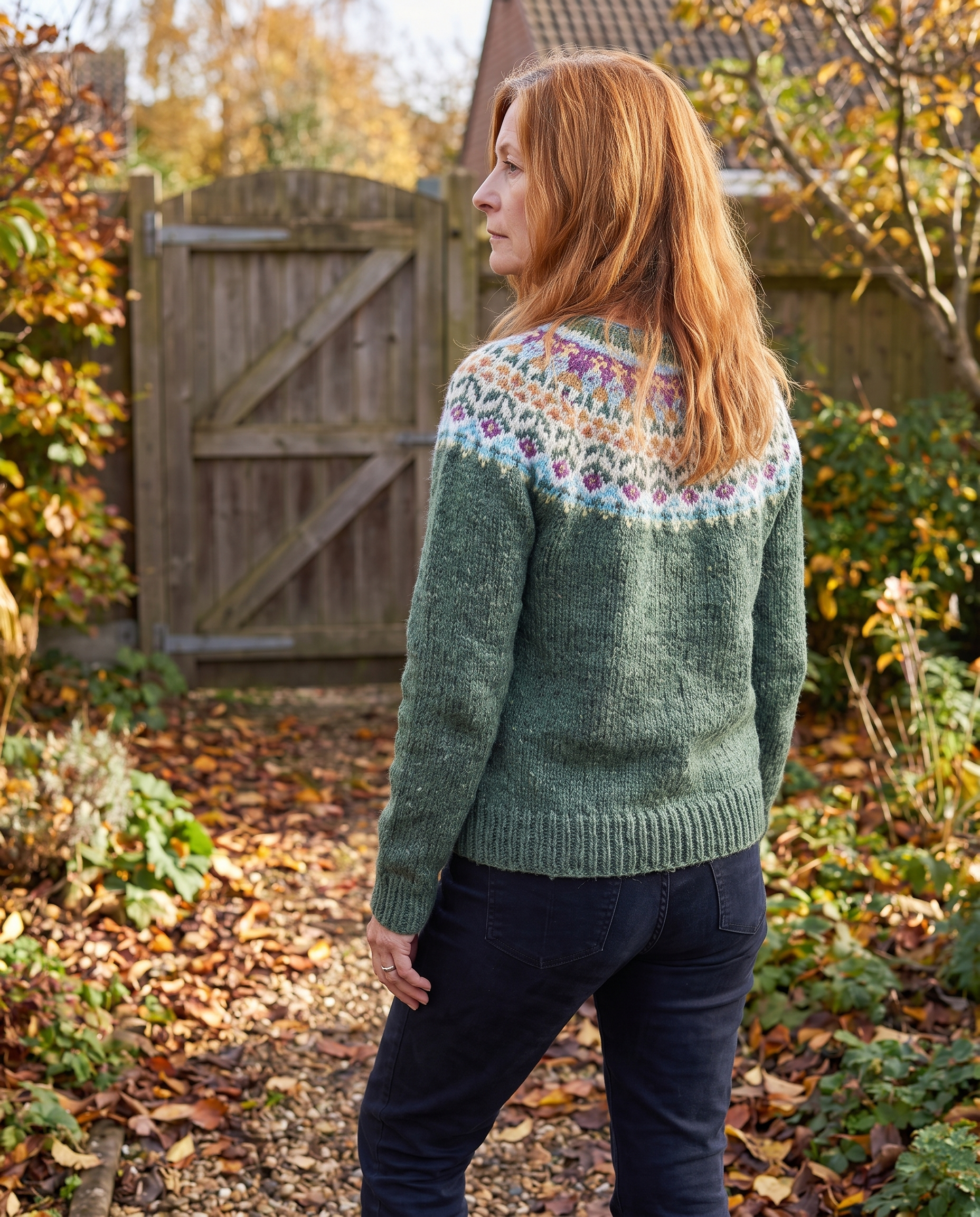 The knitted yoke pattern across the shoulders of the Ursula Classic Icelandic Knit Sweater