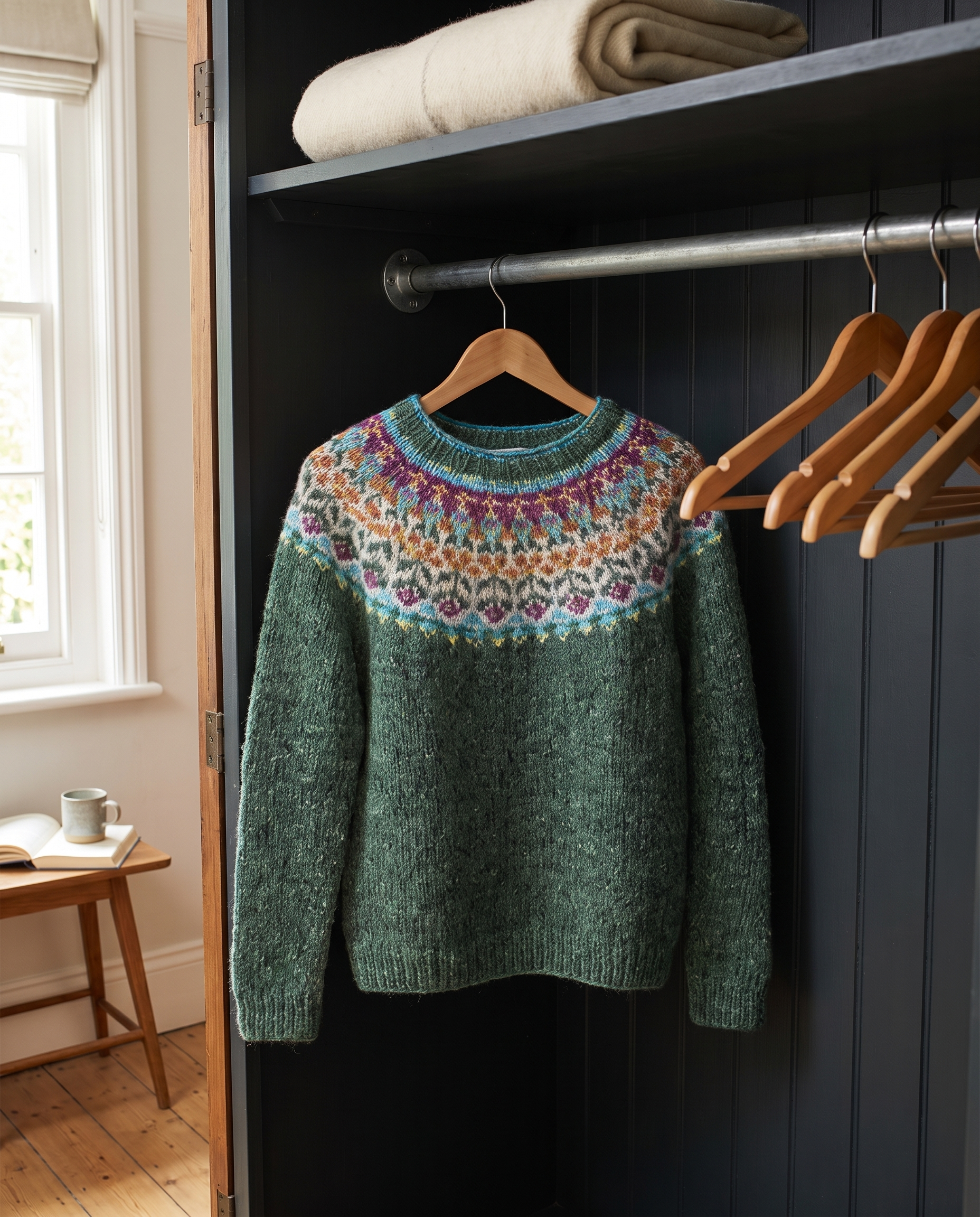 Ursula Classic Icelandic Knit Sweater hanging on a wooden hanger