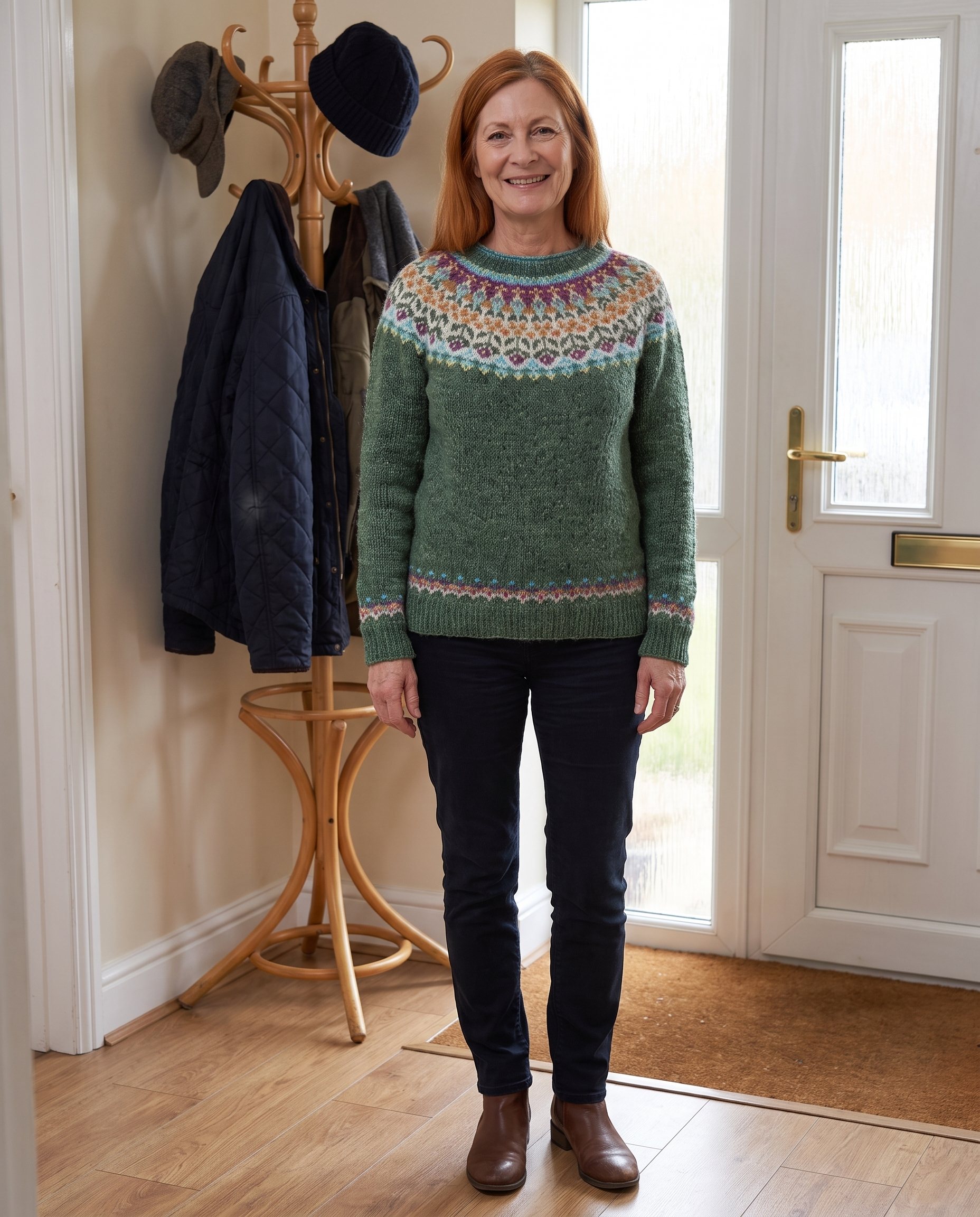 Diane Ashcroft in the Ursula Classic Icelandic Knit Sweater in her hallway