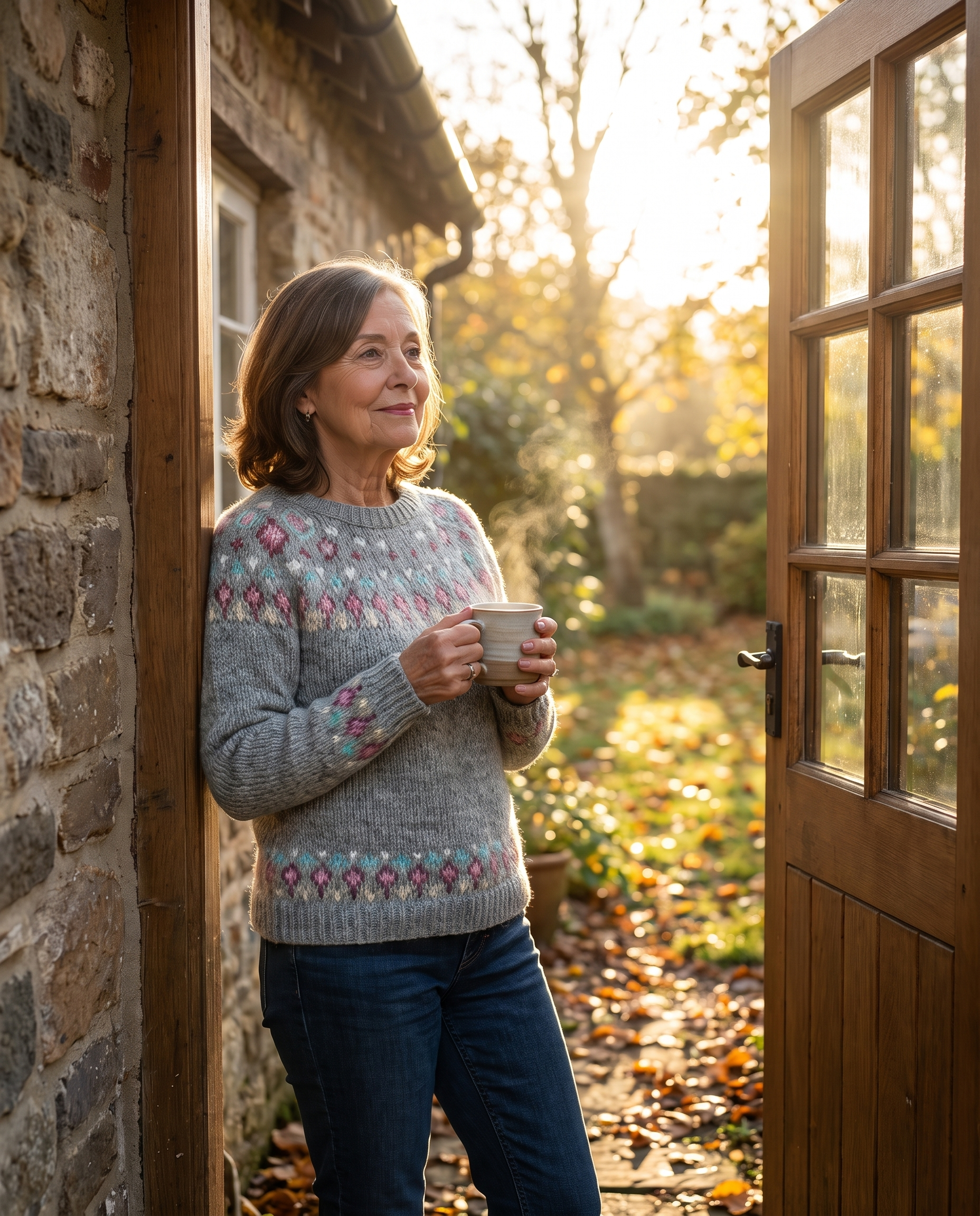 Woman wearing an Icelandic yoke knit sweater from the Evely Rose knit sweater collection