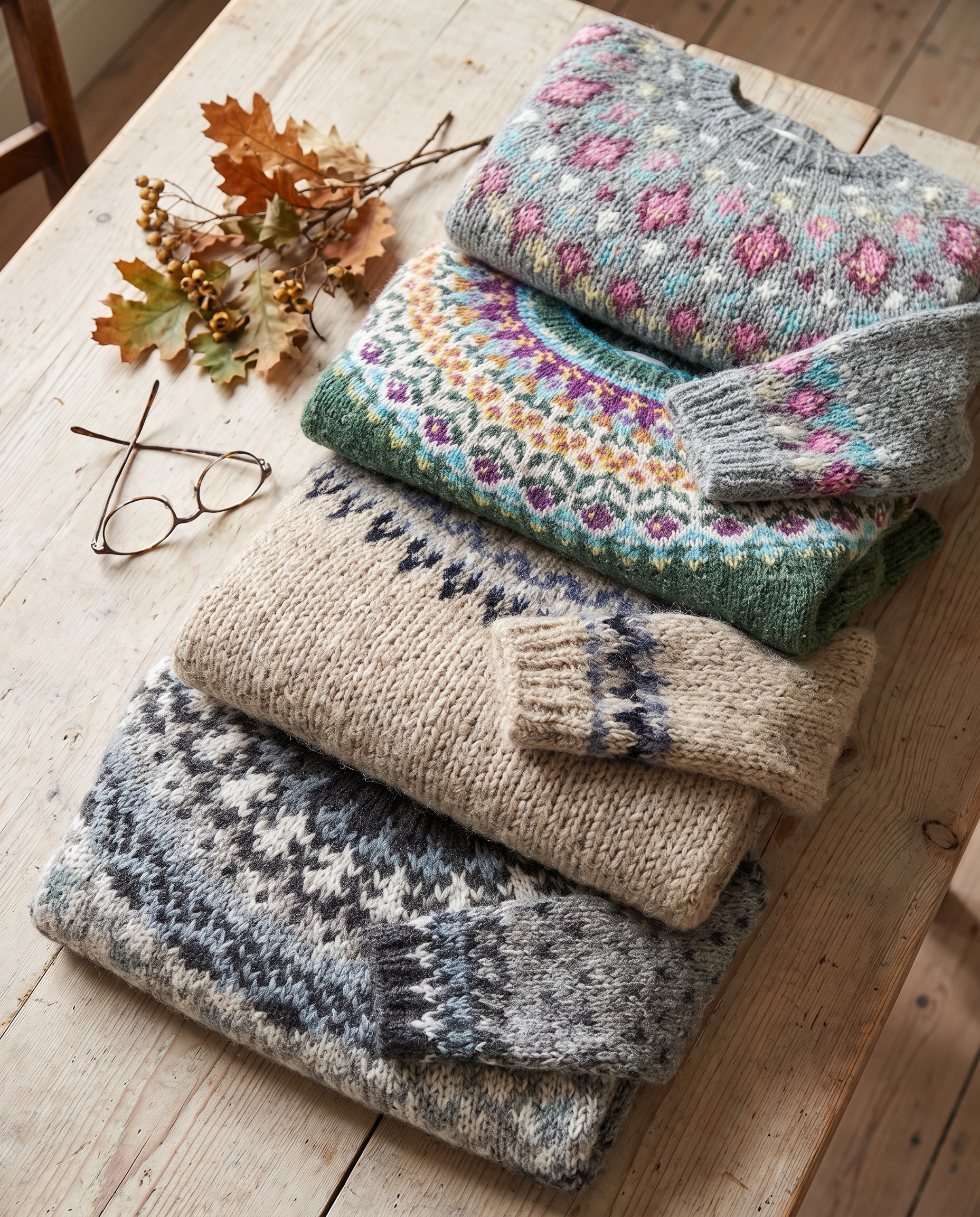 Four different Icelandic knit sweater designs from the Evely Rose collection folded in a stack