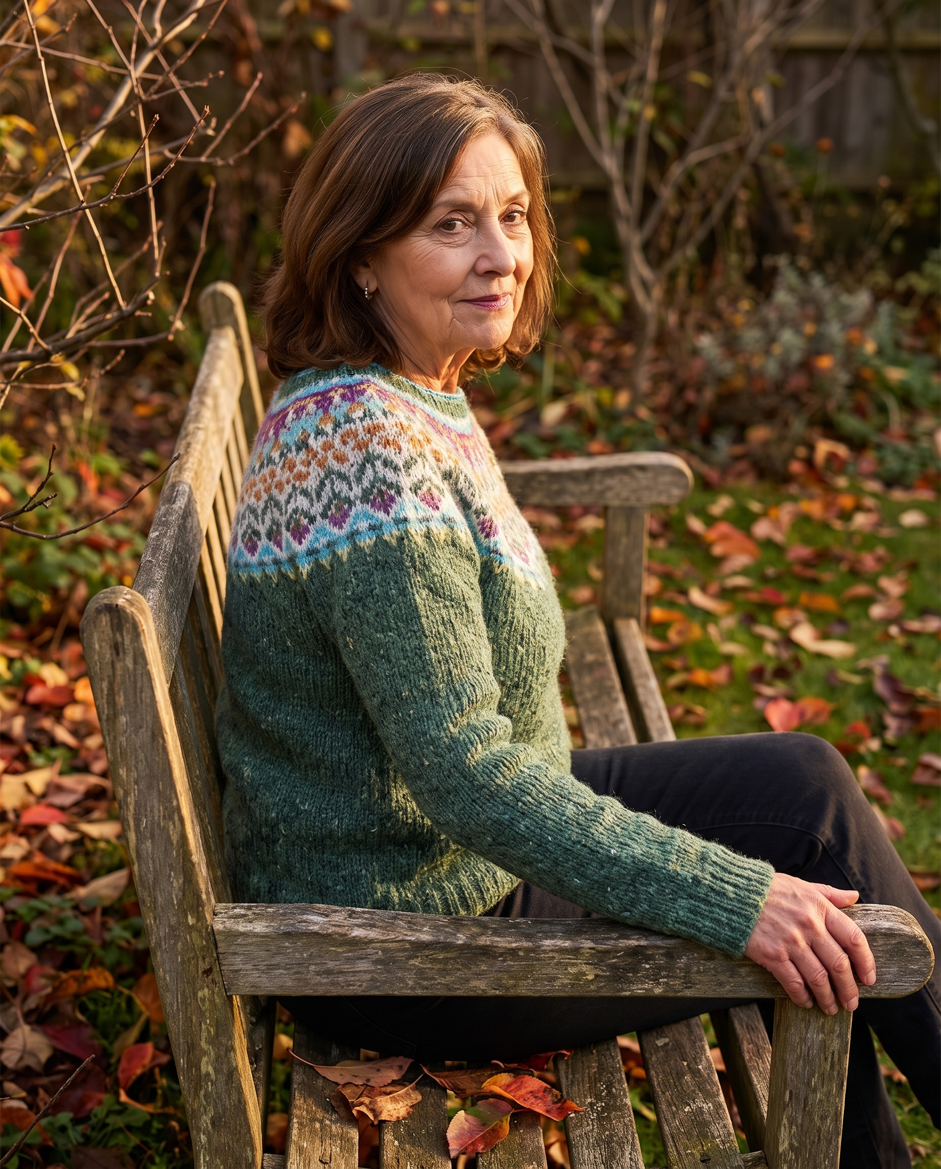 The knitted yoke pattern across the shoulders of an Evely Rose Icelandic knit sweater