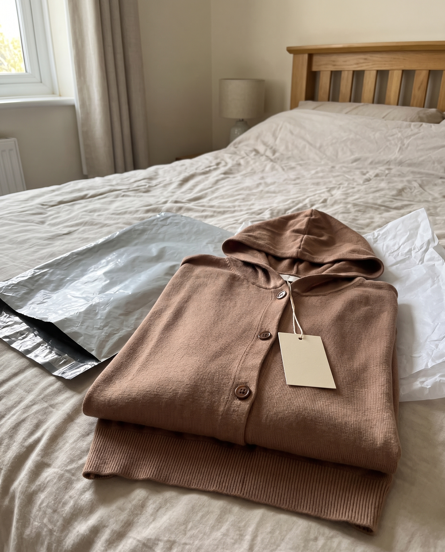 Nora Cappuccino Hooded Cardigan just unpacked on a bed