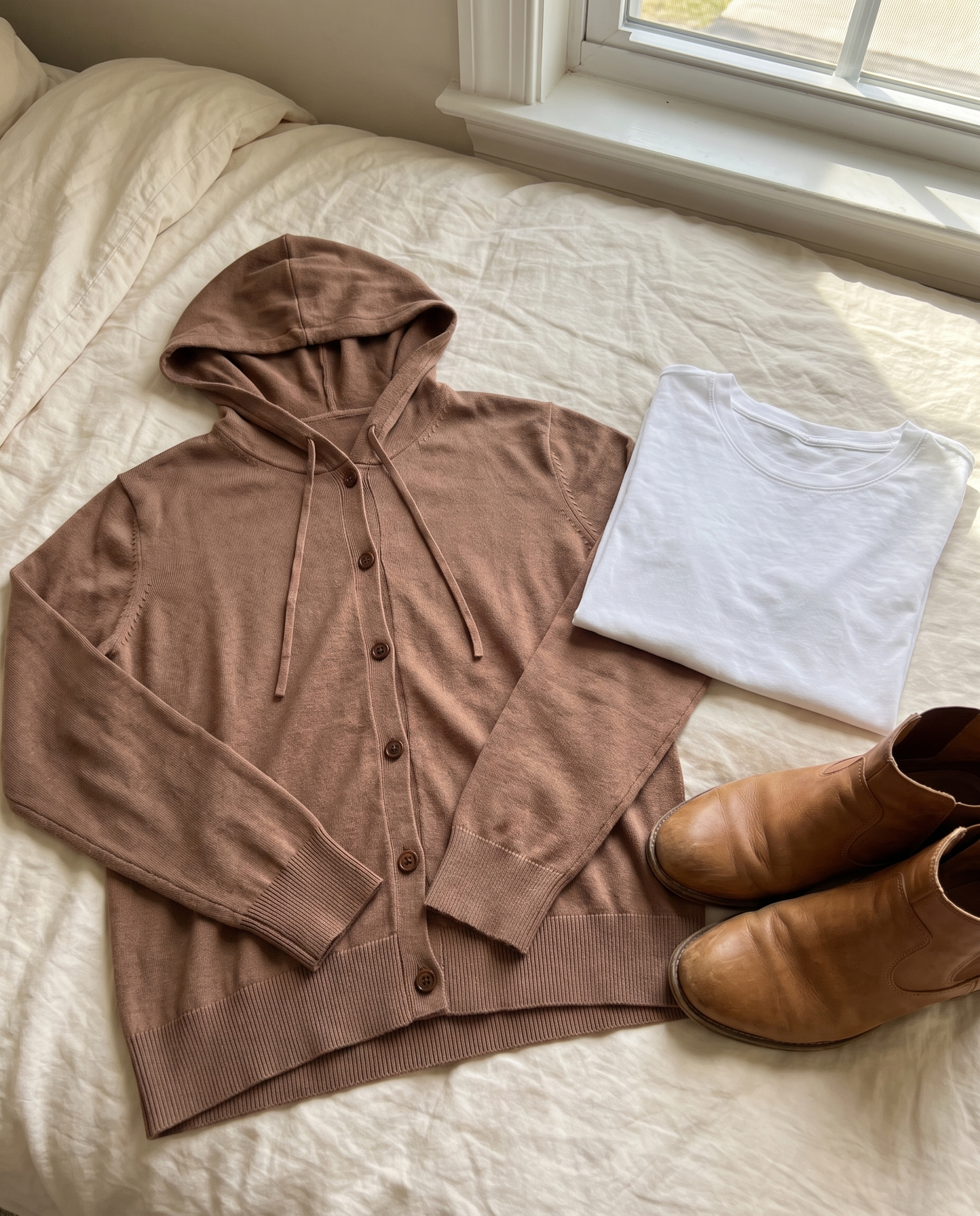 Nora Cappuccino Hooded Cardigan laid out on a bed with a white t-shirt and ankle boots