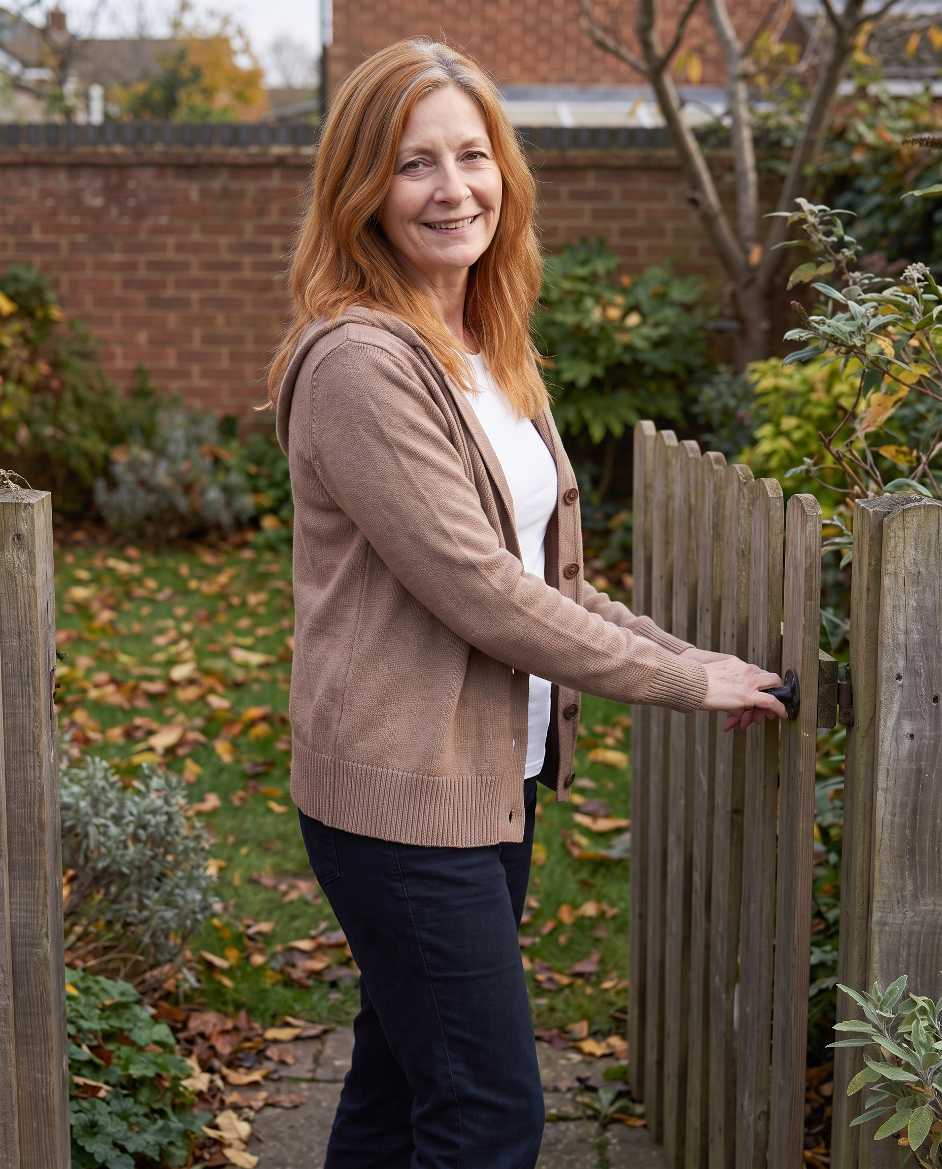 Diane Ashcroft wearing the Nora Cappuccino Hooded Cardigan at her garden gate