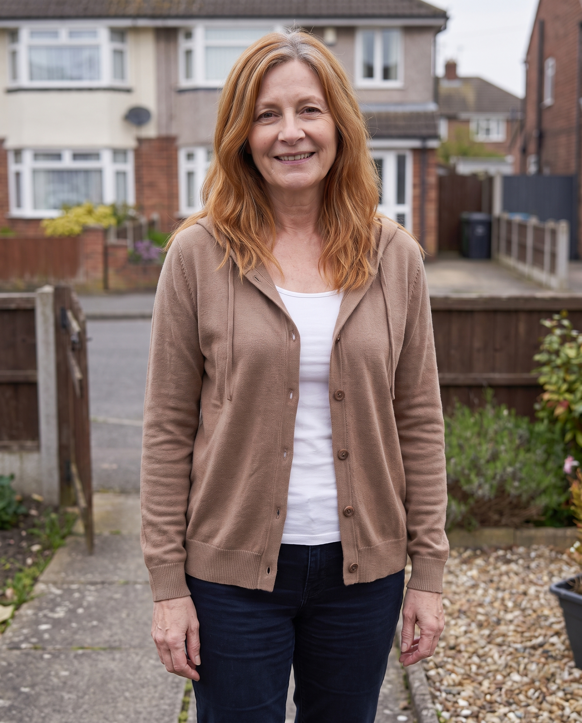 Diane Ashcroft in the Nora Cappuccino Hooded Cardigan