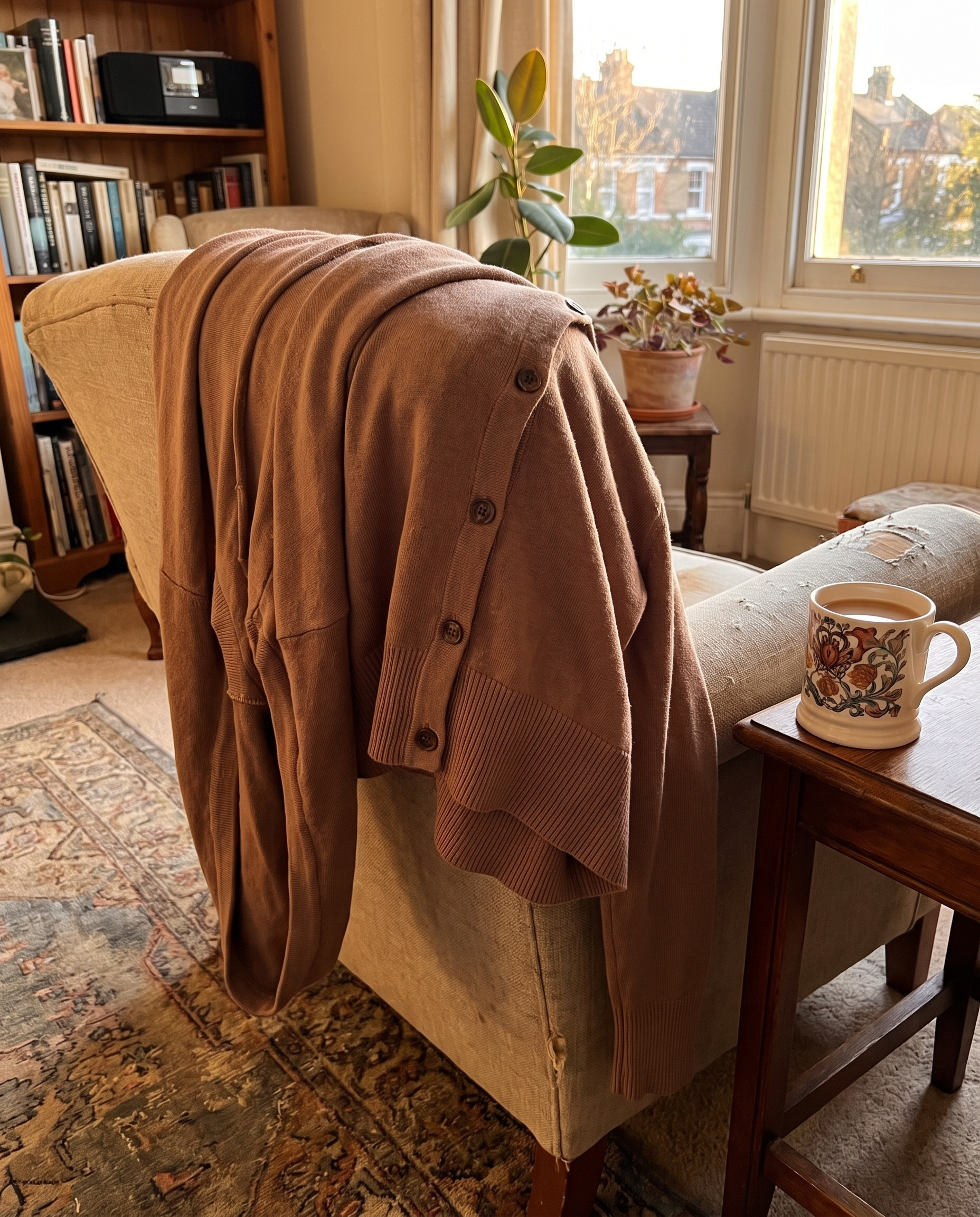Nora Cappuccino Hooded Cardigan over the arm of a chair with a cup of tea