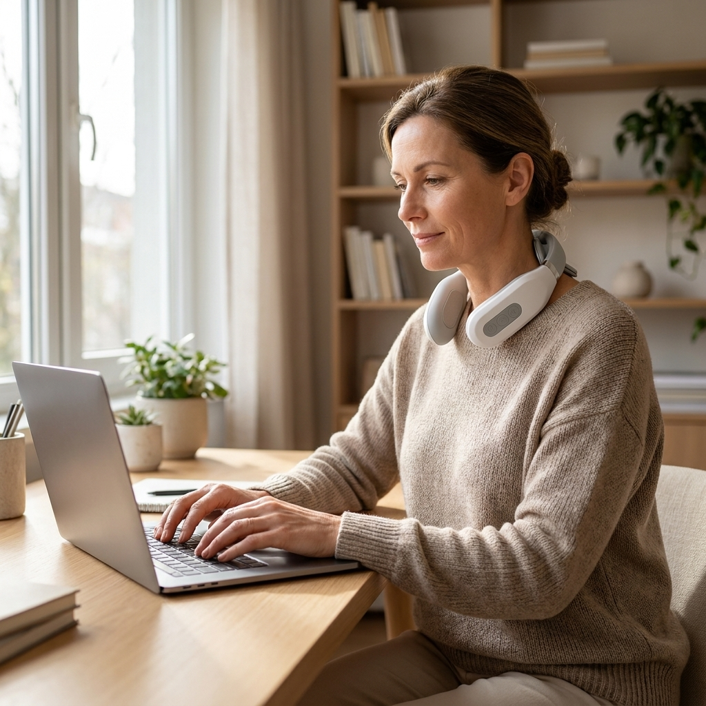 Vrouw gebruikt NeckRelief Pro achter haar bureau