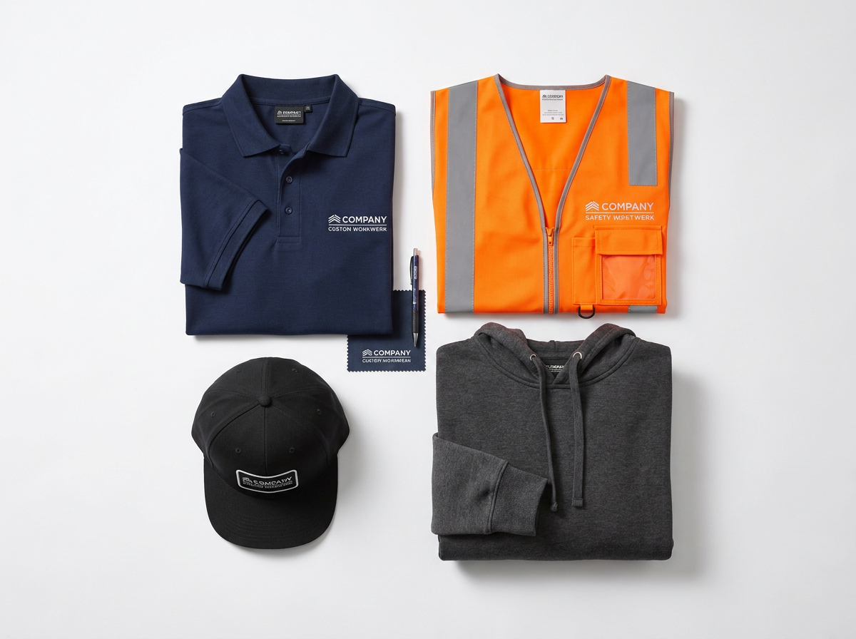 Custom branded workwear flat lay — polo, hi-vis, hoodie and cap