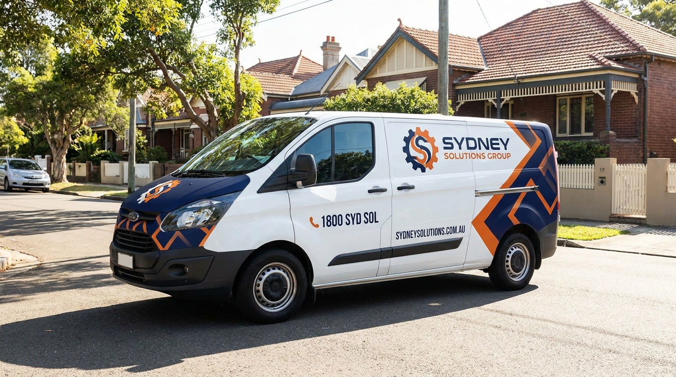 Custom vehicle wrap on a trade van — navy blue and orange