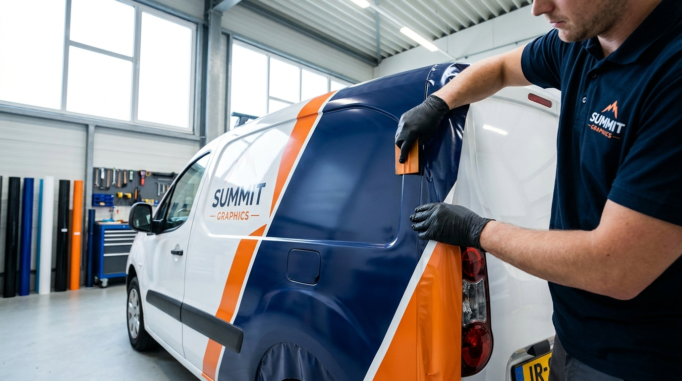 Professional signage installer applying custom vehicle wrap loading=