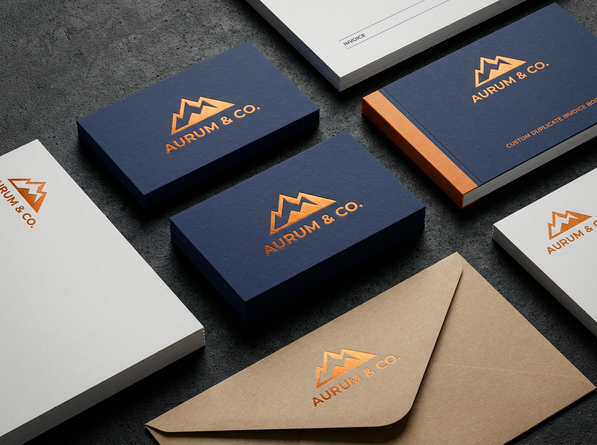 Premium custom branded business stationery flat lay — navy blue and orange loading=