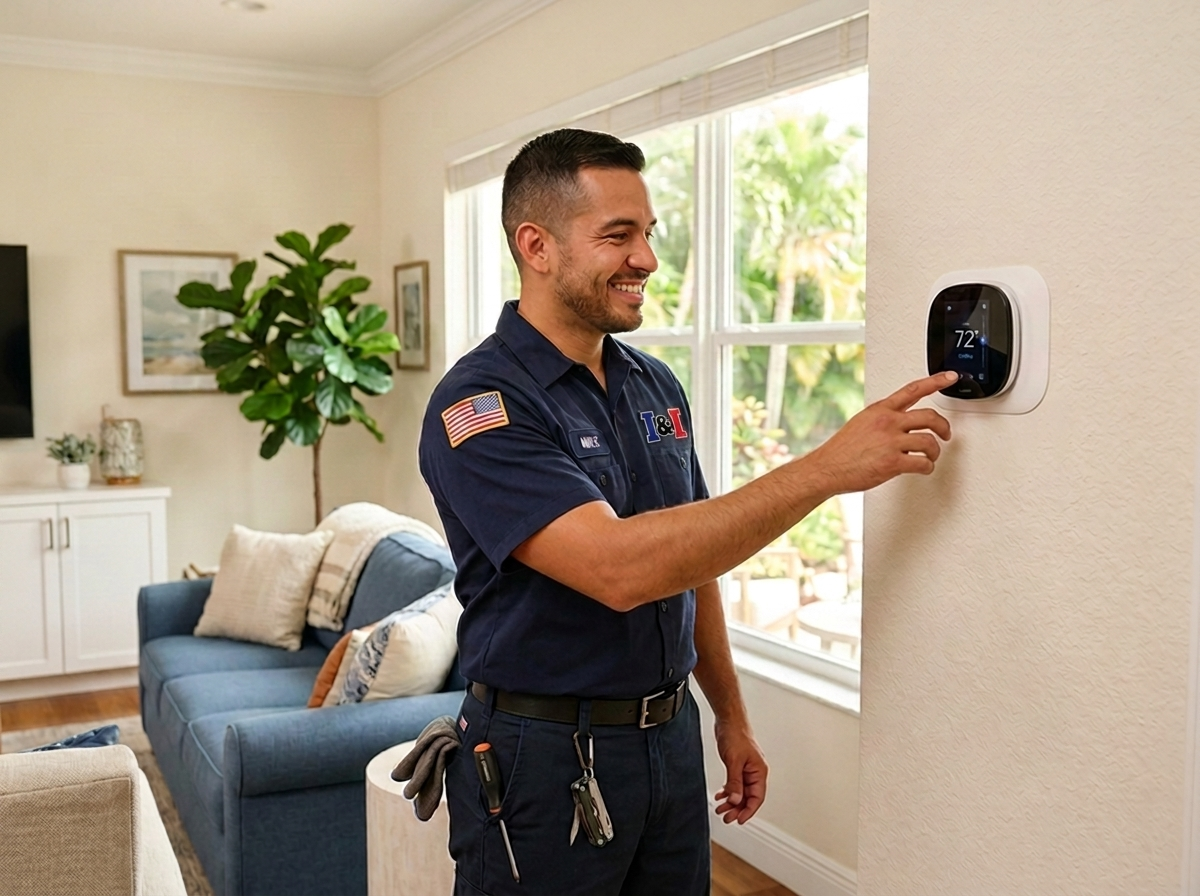 I&I Heating and Air technician servicing a thermostat