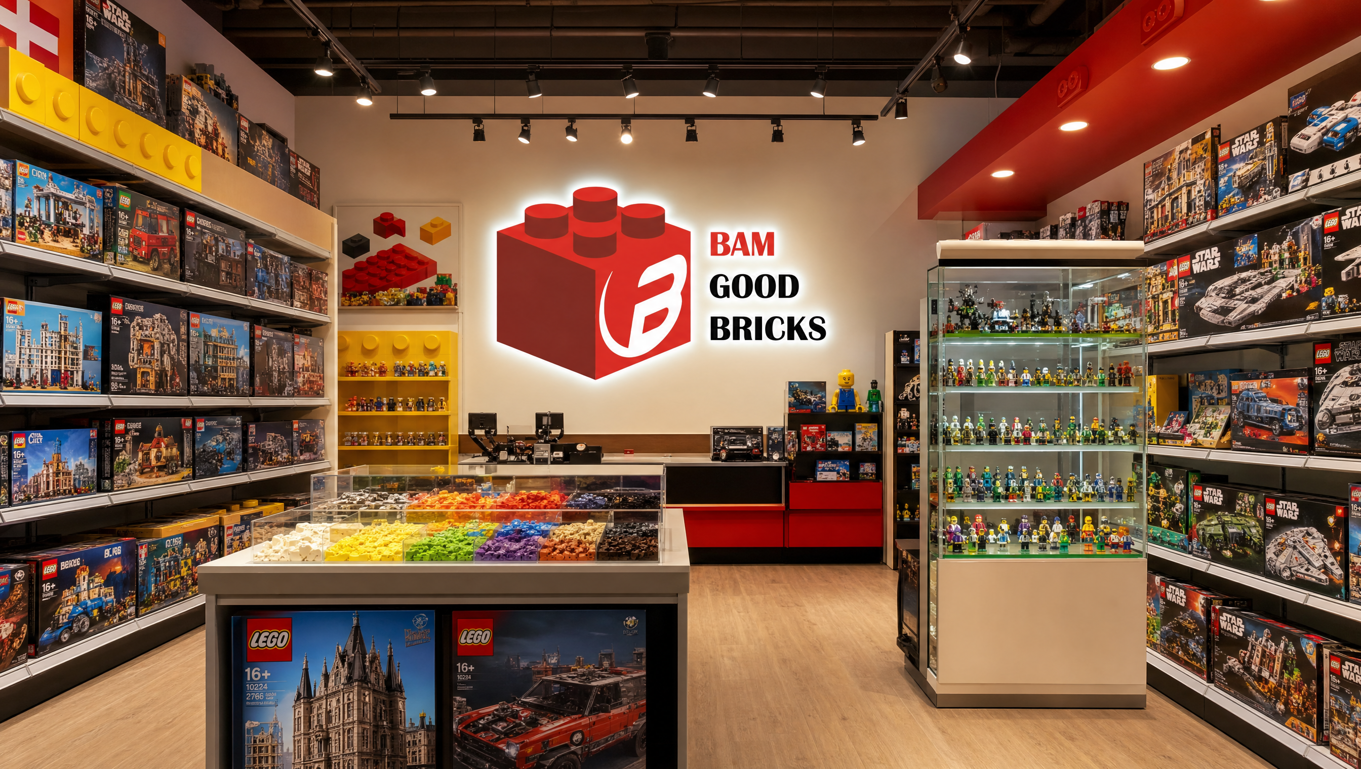 Interior of BAM Good Bricks LEGO store in Lewisville TX showing shelves of LEGO sets and minifigure display cases
