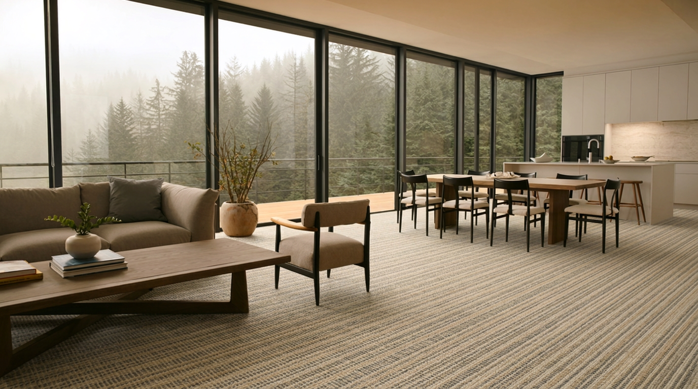 Realistic Portland Home with Modern Pattern Loop Nylon Carpet