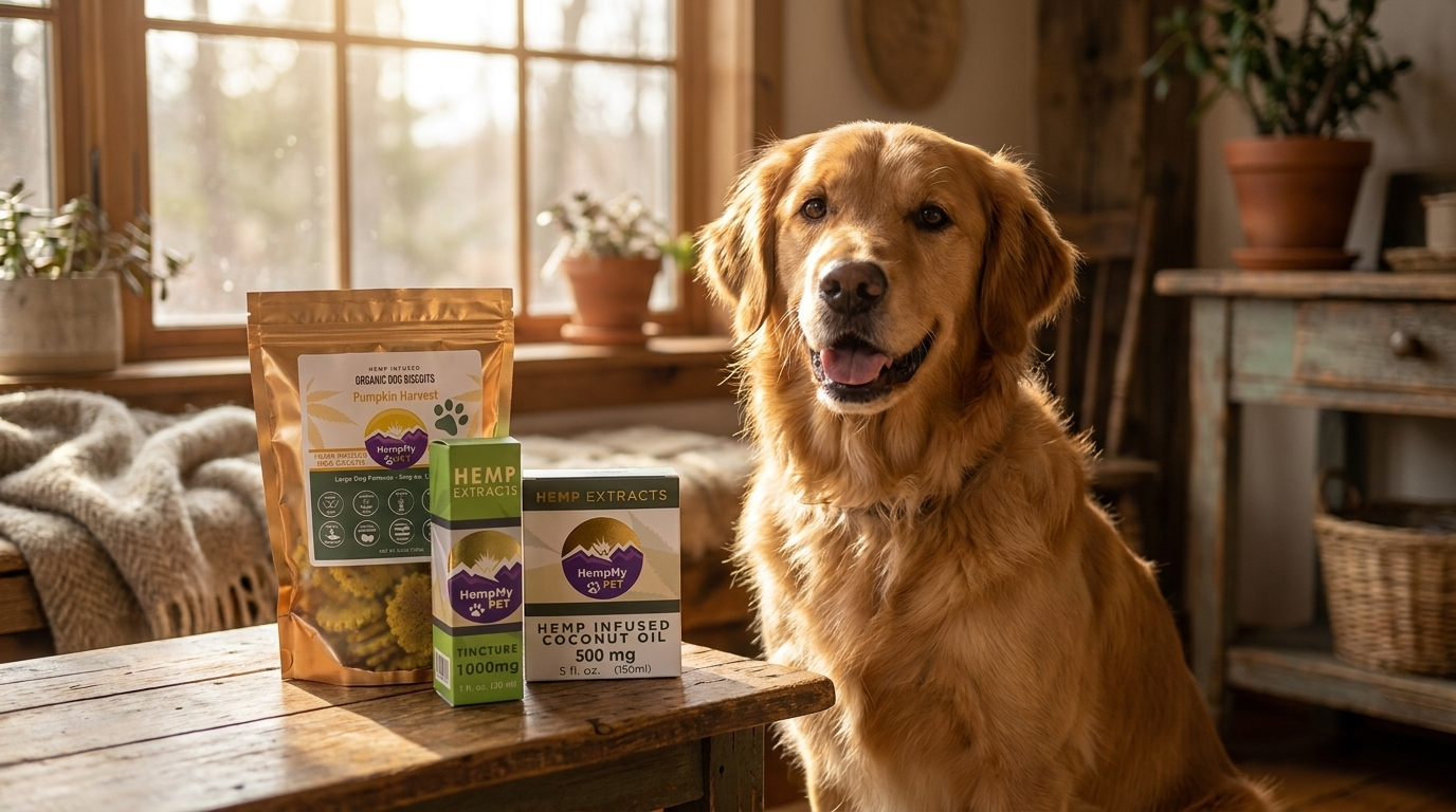 Happy dog beside the HempMy Pet Hemp Wellness Bundle of full-spectrum hemp oil and dog treats