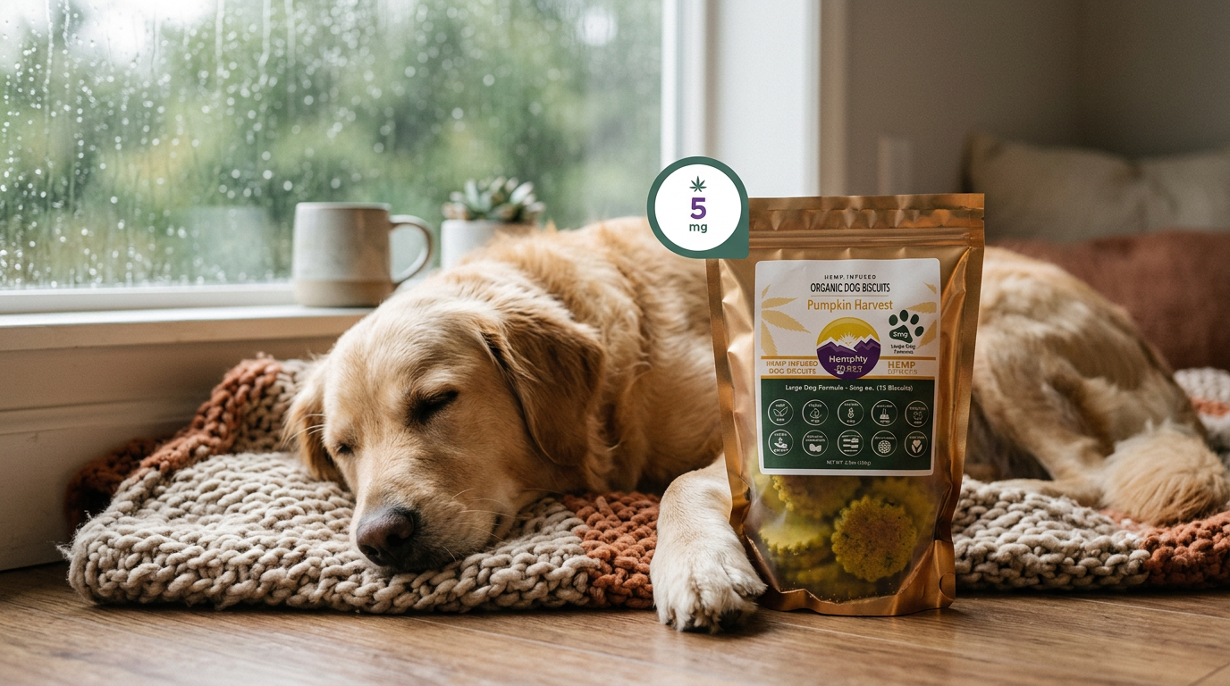 Calm dog resting beside HempMy Pet hemp calming dog treats by a window